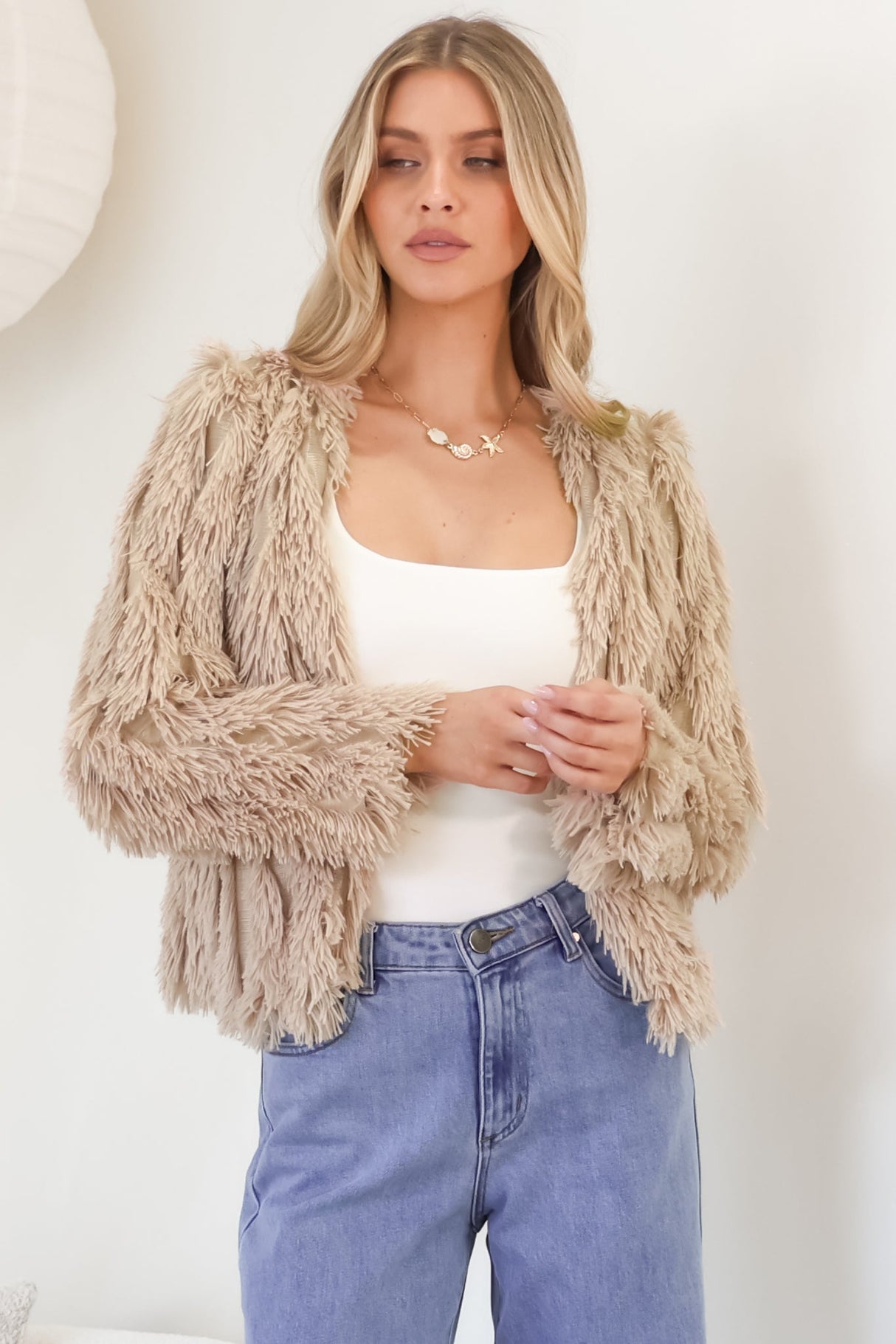 Hilton Jacket - Faux Fur Open Front Jacket in Beige