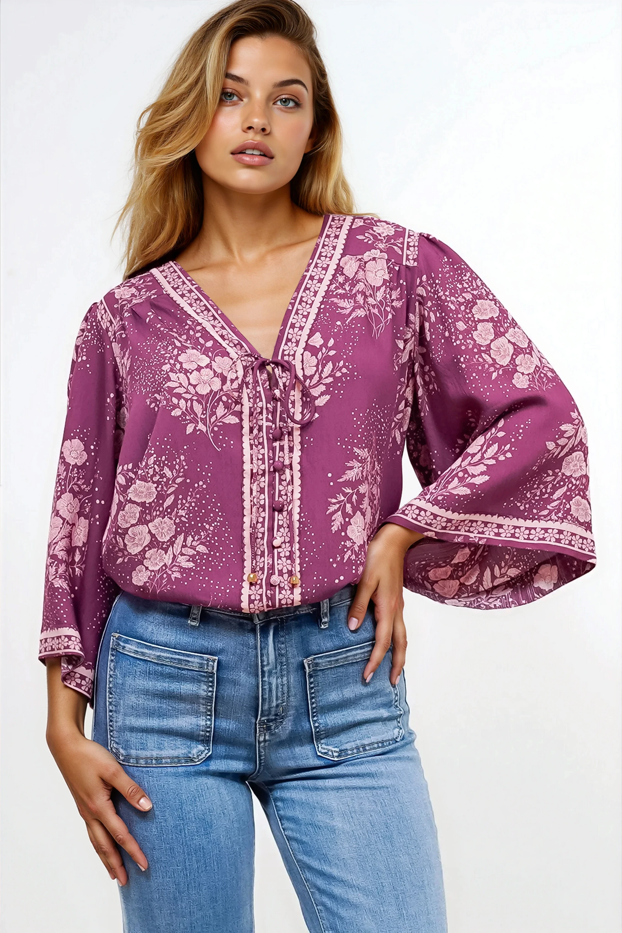 Hollie Blouse - Mandarin Collar Button Down in Briella Print Berry