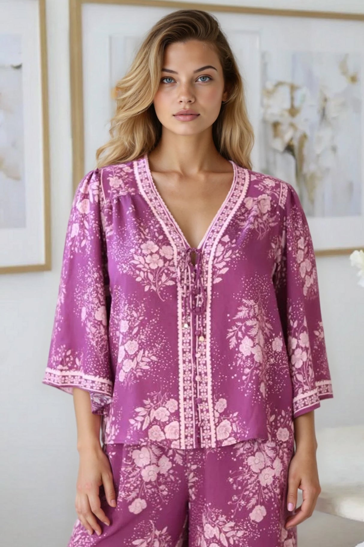 Hollie Blouse - Mandarin Collar Button Down in Briella Print Berry