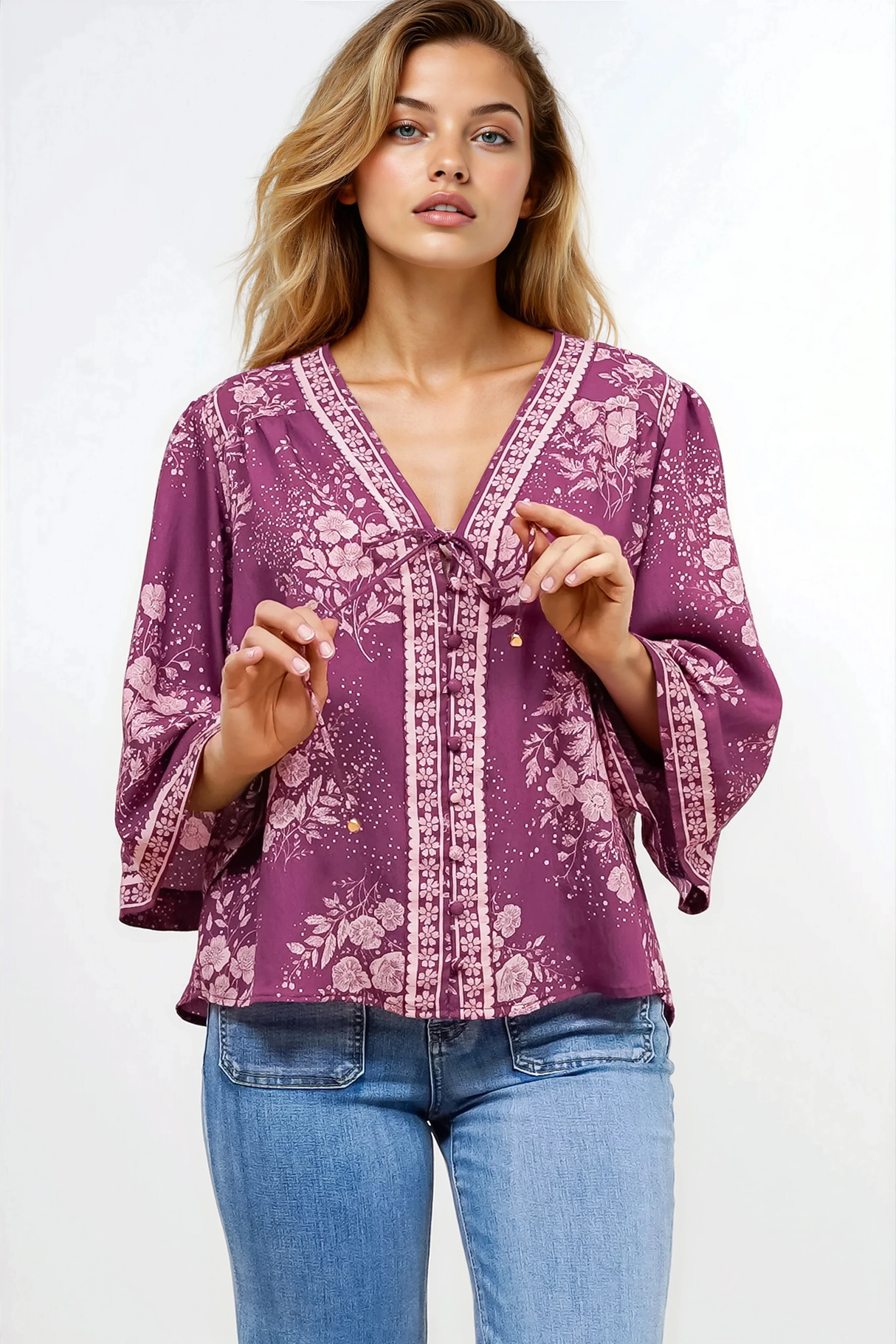 Hollie Blouse - Mandarin Collar Button Down in Briella Print Berry