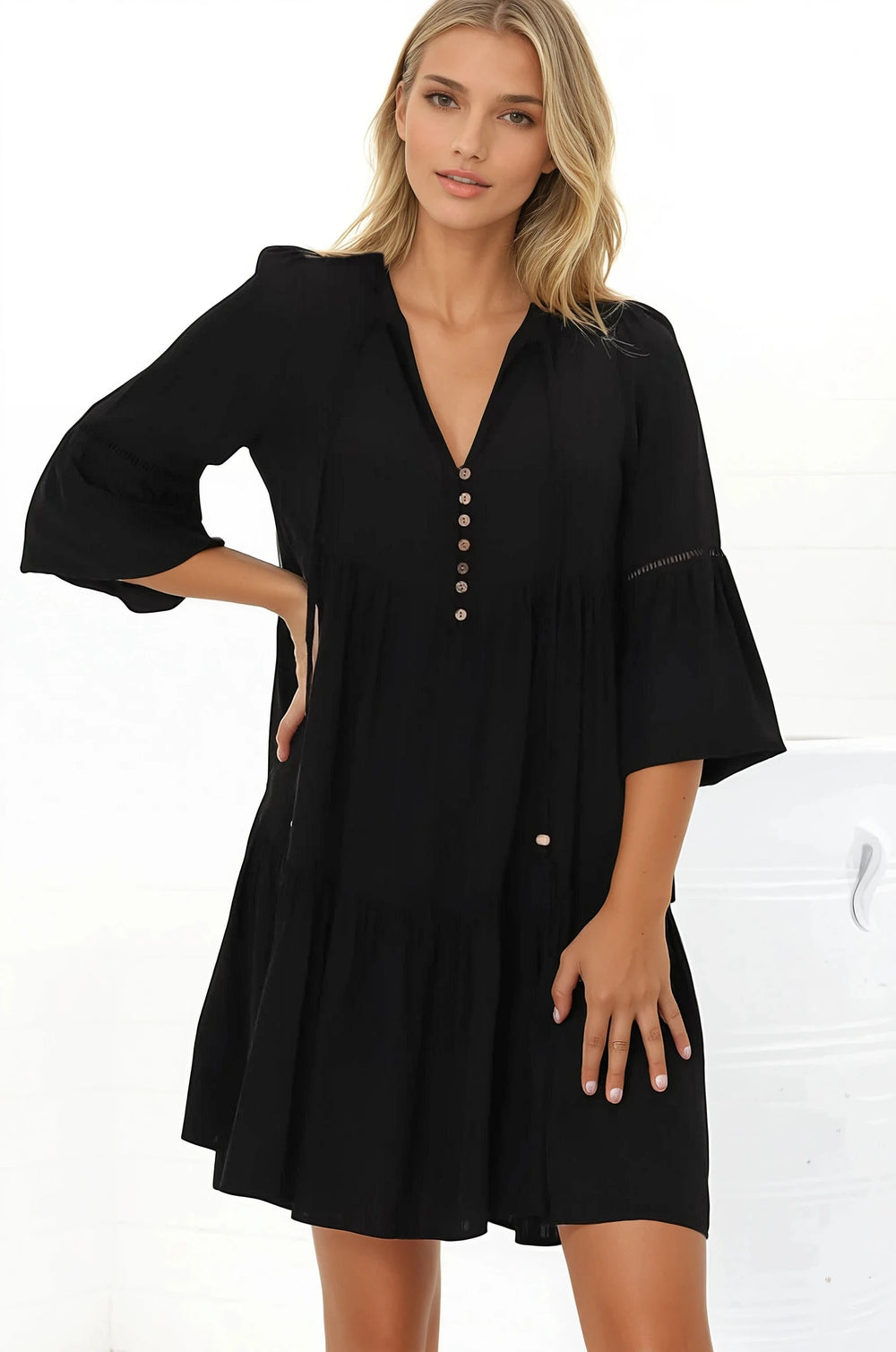 Hollis Mini Dress - Buttoned Bodice Long Sleeve Smock Dress in Black