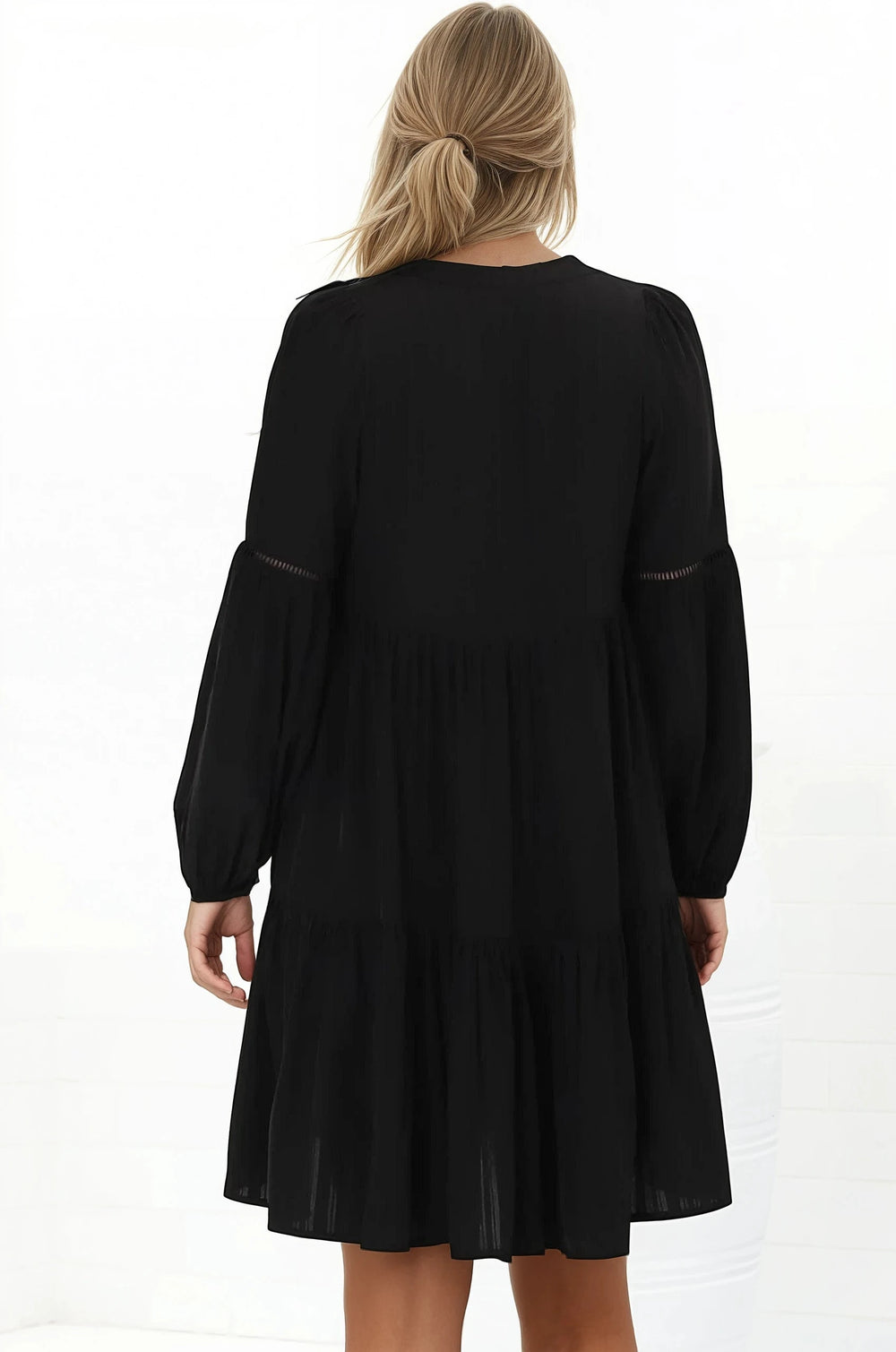 Hollis Mini Dress - Buttoned Bodice Long Sleeve Smock Dress in Black