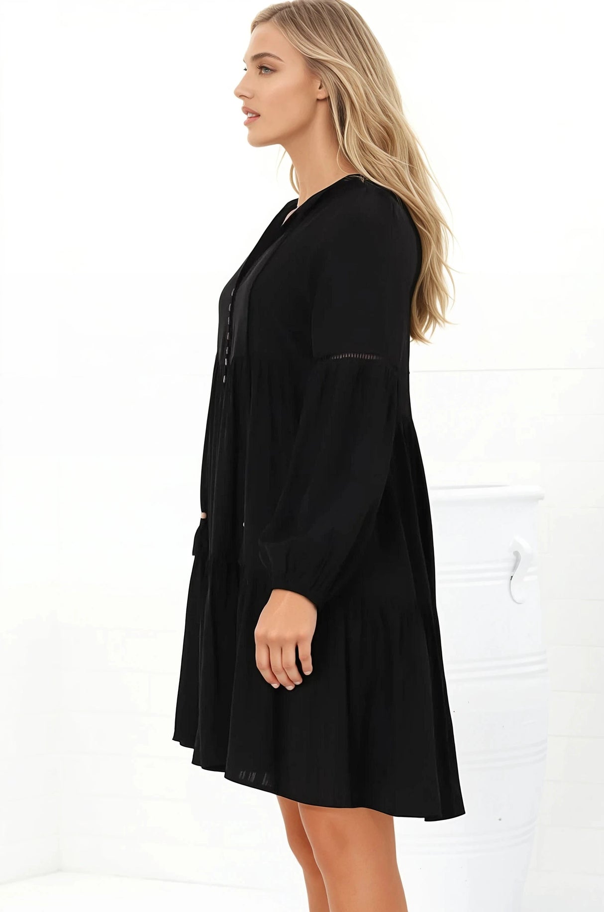 Hollis Mini Dress - Buttoned Bodice Long Sleeve Smock Dress in Black