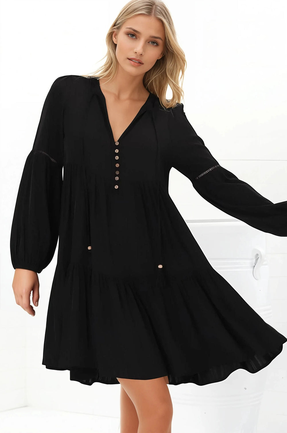 Hollis Mini Dress - Buttoned Bodice Long Sleeve Smock Dress in Black
