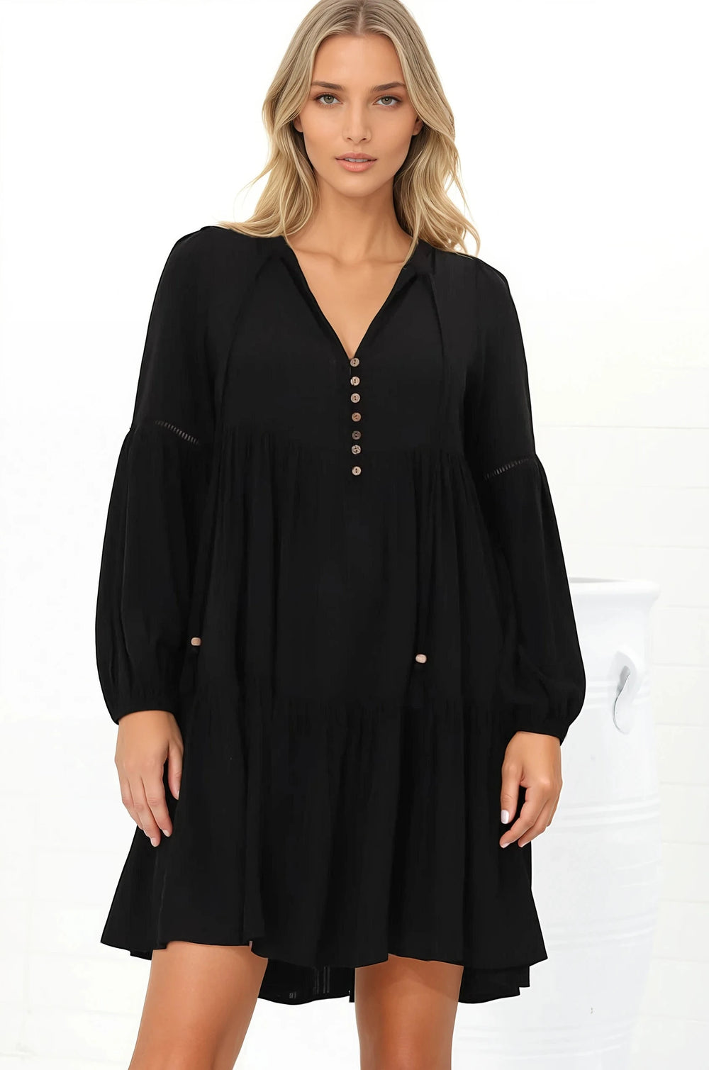 Hollis Mini Dress - Buttoned Bodice Long Sleeve Smock Dress in Black