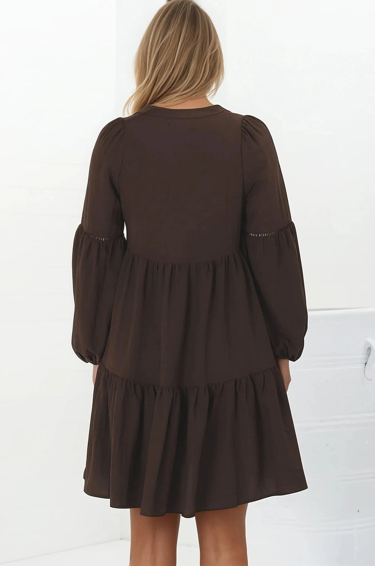 Hollis Mini Dress - Buttoned Bodice Long Sleeve Smock Dress in Brown