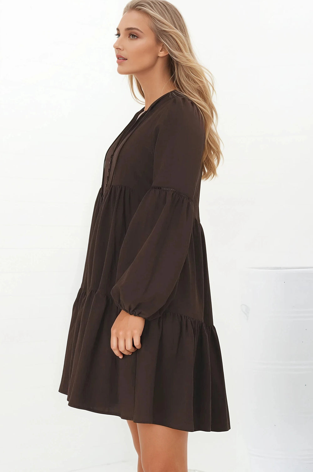 Hollis Mini Dress - Buttoned Bodice Long Sleeve Smock Dress in Brown