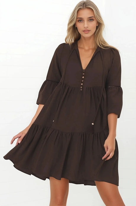 Hollis Mini Dress - Buttoned Bodice Long Sleeve Smock Dress in Brown