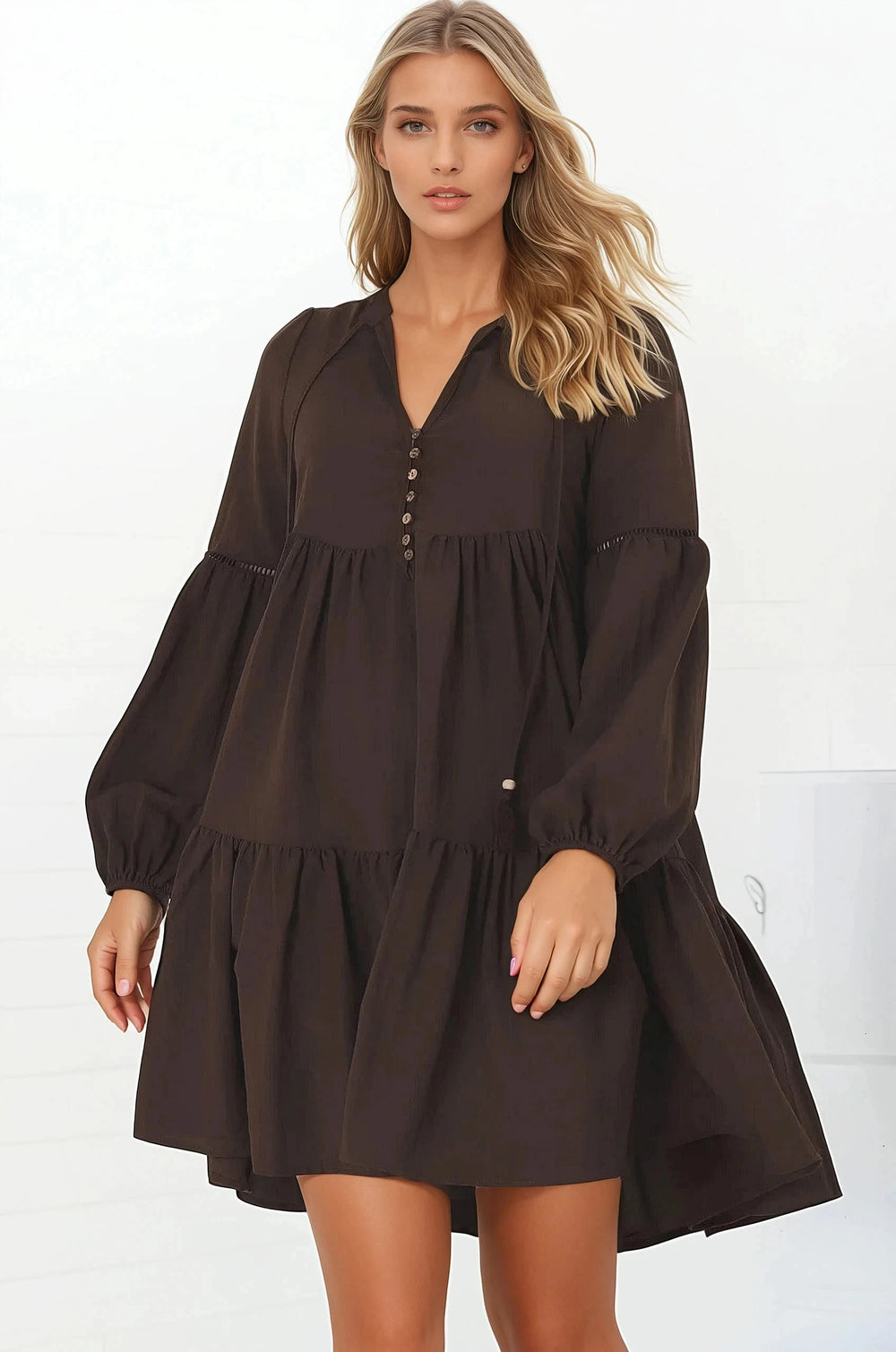 Hollis Mini Dress - Buttoned Bodice Long Sleeve Smock Dress in Brown