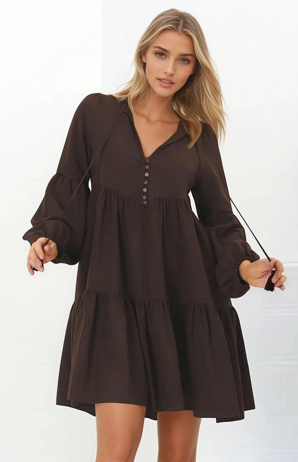 Hollis Mini Dress - Buttoned Bodice Long Sleeve Smock Dress in Brown
