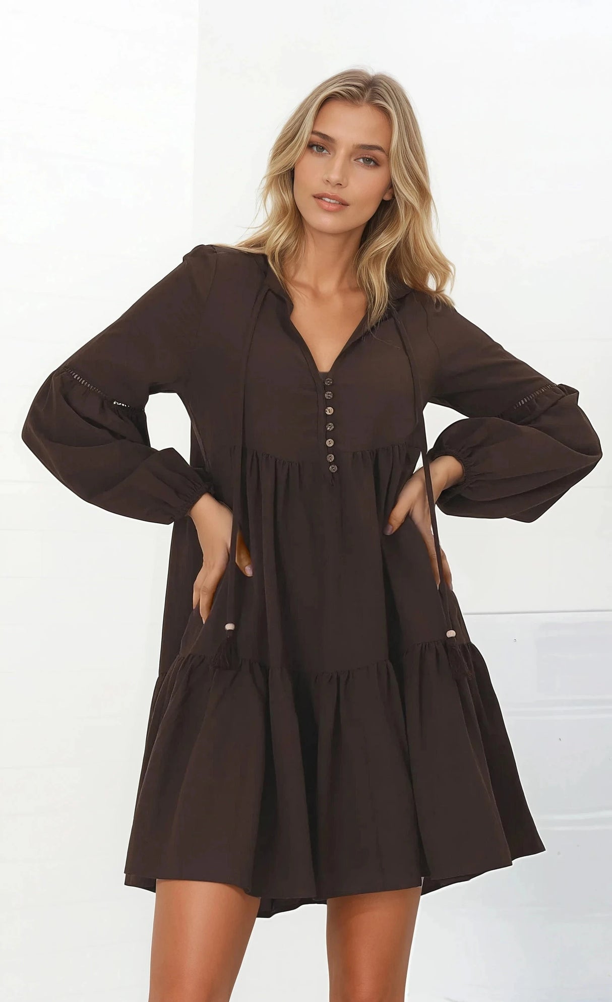 Hollis Mini Dress - Buttoned Bodice Long Sleeve Smock Dress in Brown