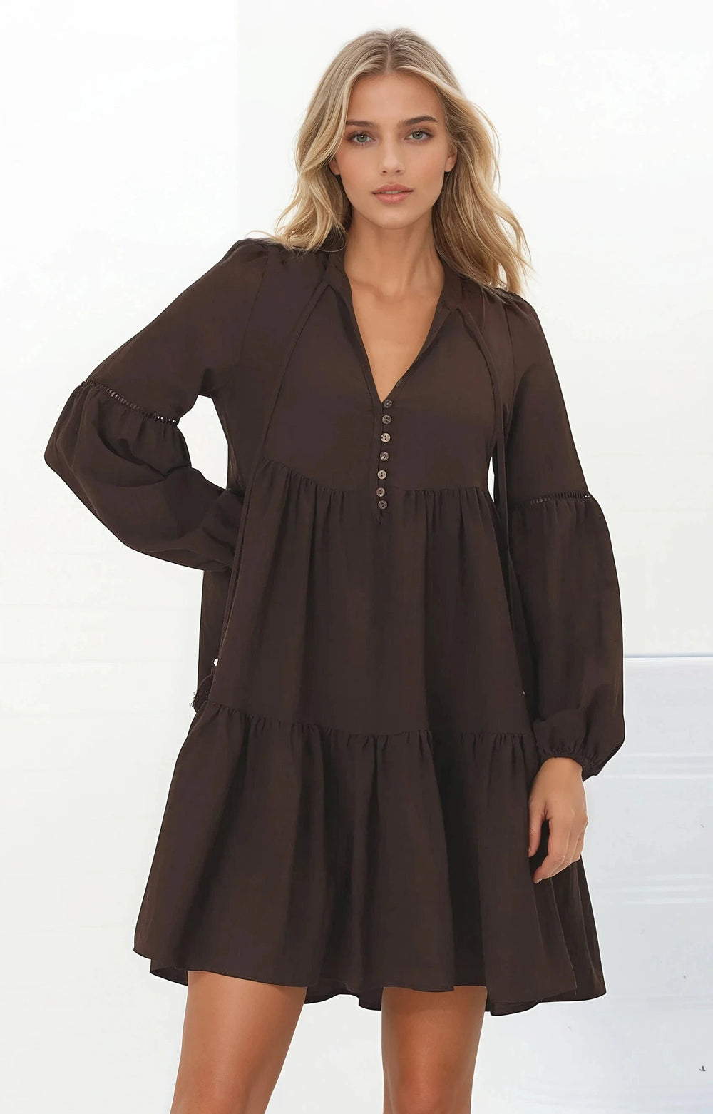 Hollis Mini Dress - Buttoned Bodice Long Sleeve Smock Dress in Brown