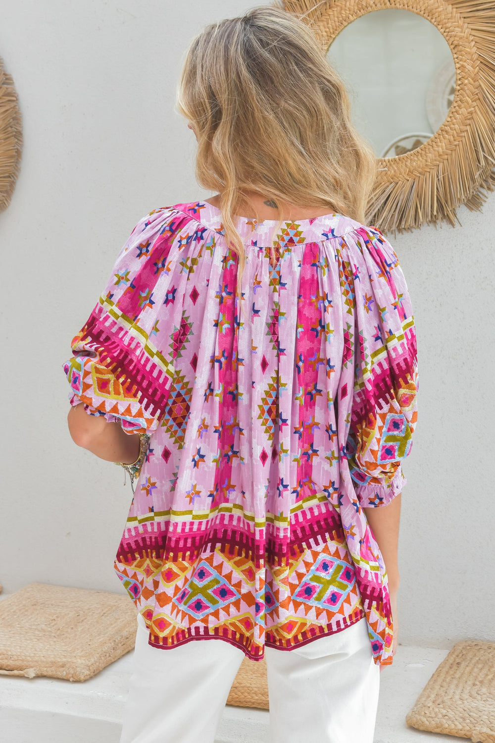Hope Blouse - Mandarin Collar Button Down with Balloon Sleeves in Lost Tribe Print