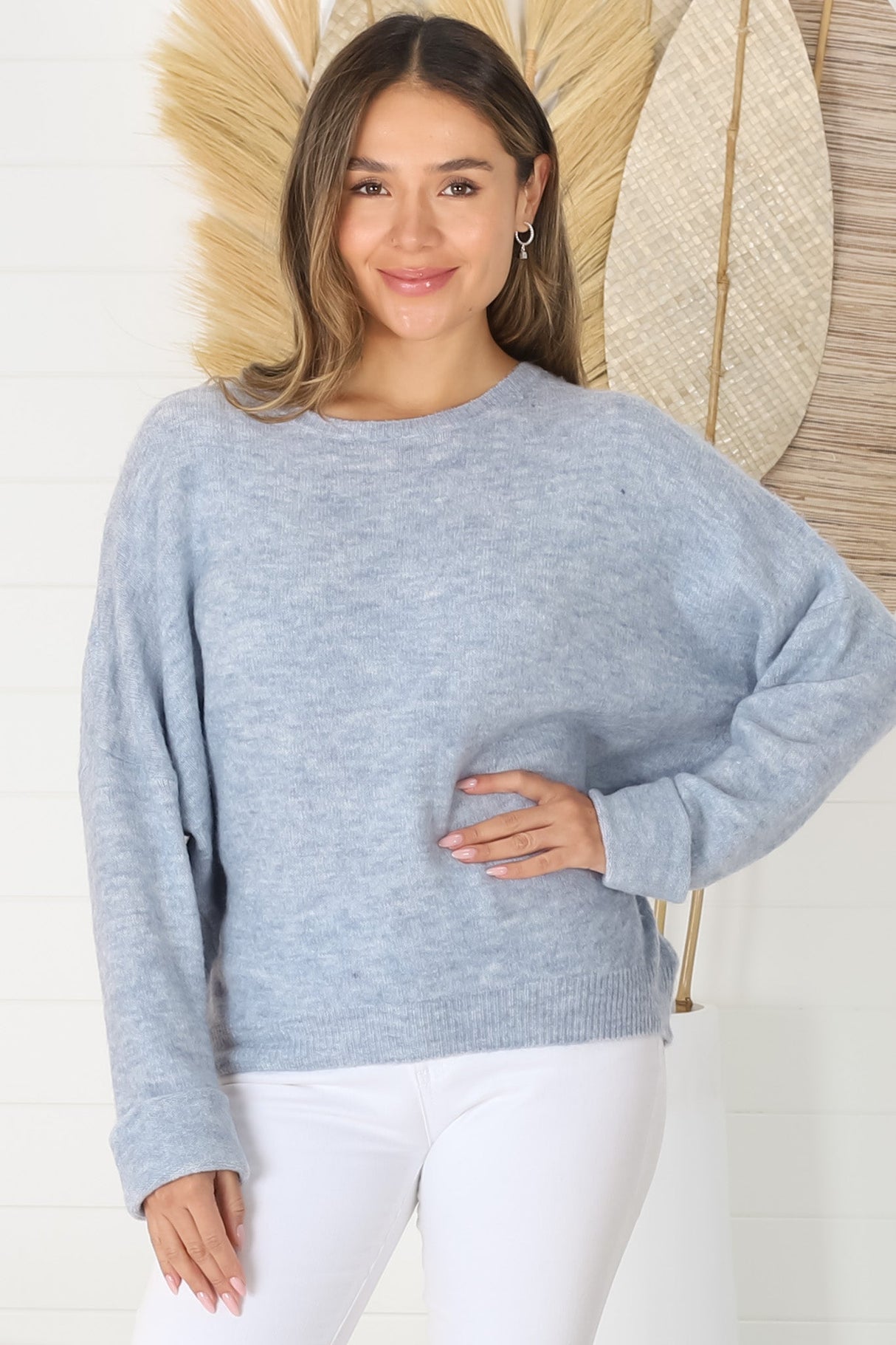 Joanne Knit Top - Crew Neckline Bat Wing Long Sleeve Top in Light Denim