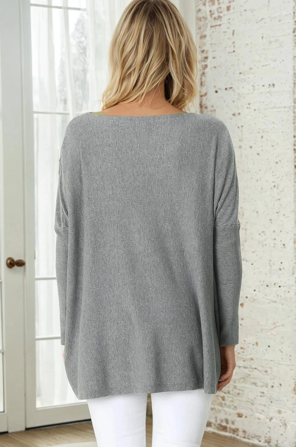 Belinda Knit Top - Boat Neckline Boxy Batwing Top in Grey