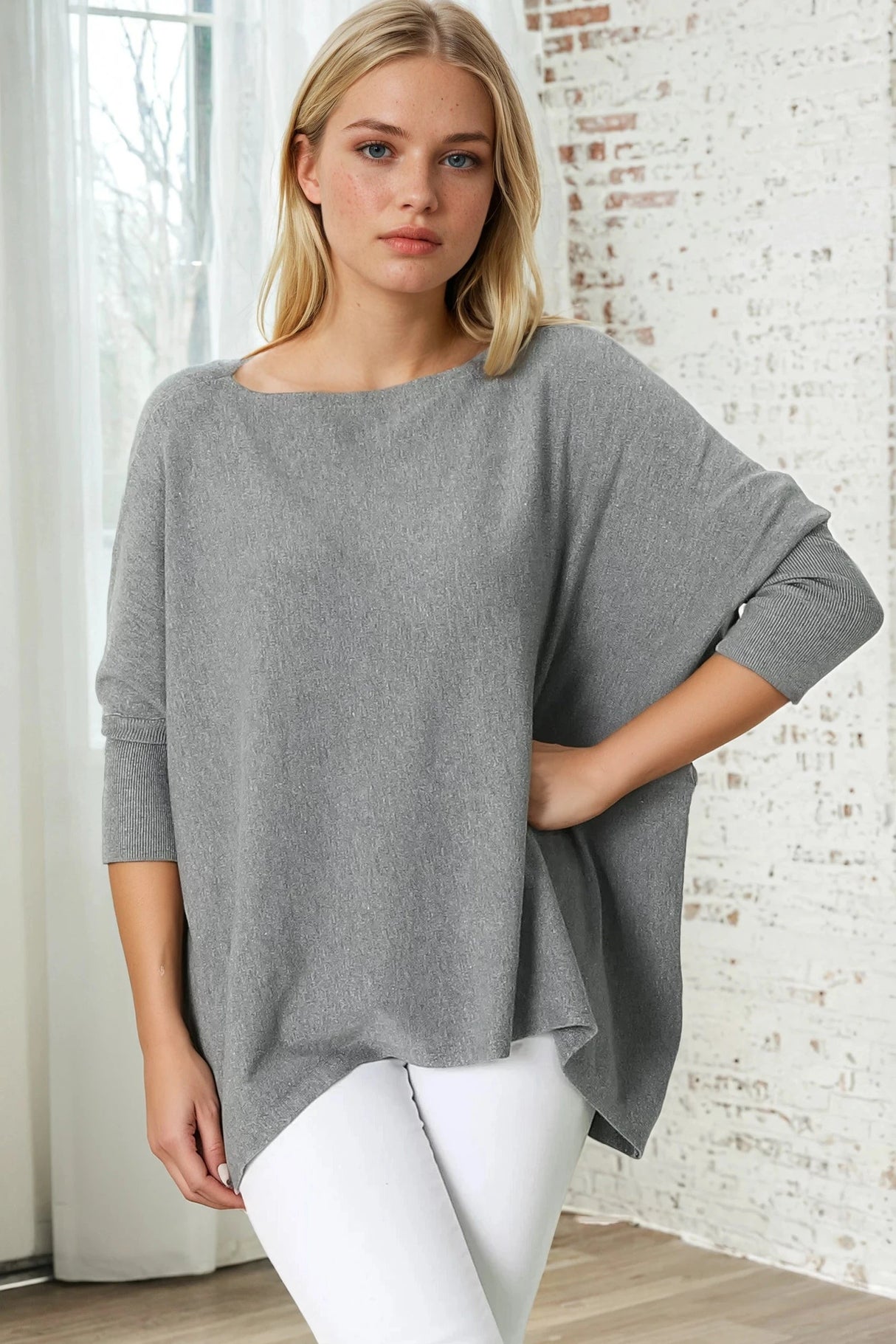 Belinda Knit Top - Boat Neckline Boxy Batwing Top in Grey