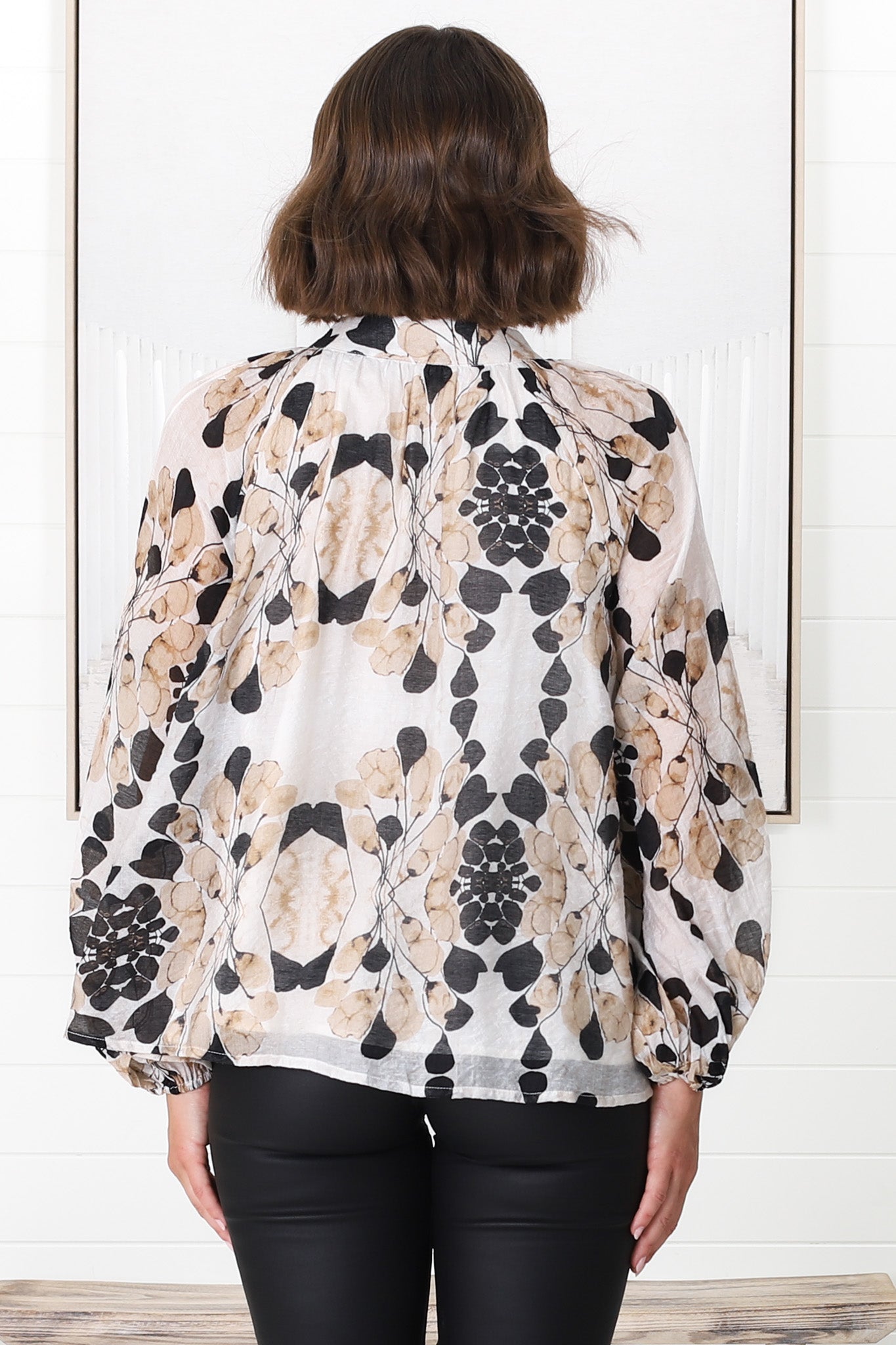 Portia Blouse - Button Down Lace Detail Shirt in Calea Beige Print