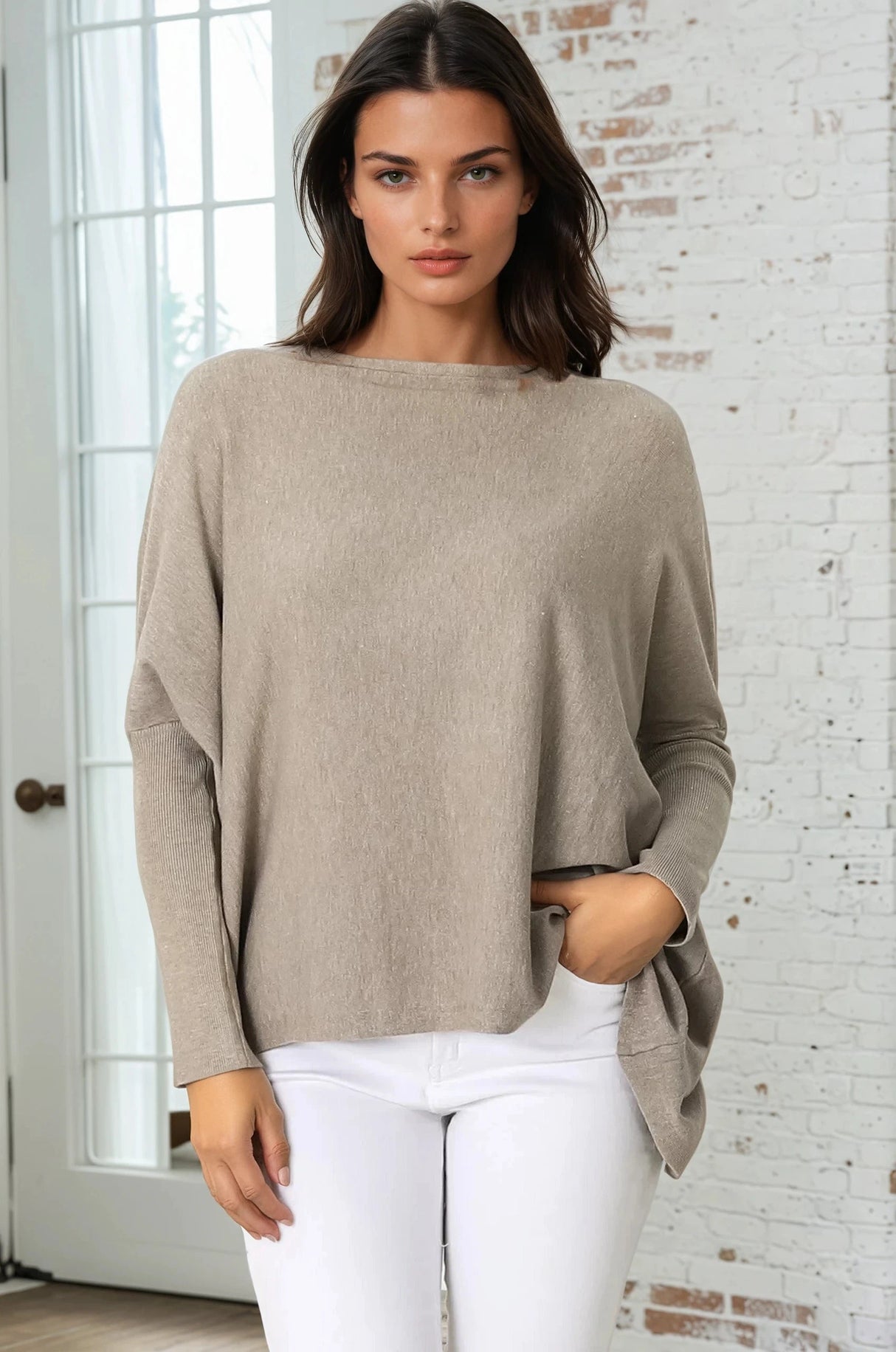 Belinda Knit Top - Boat Neckline Boxy Batwing Top in Beige