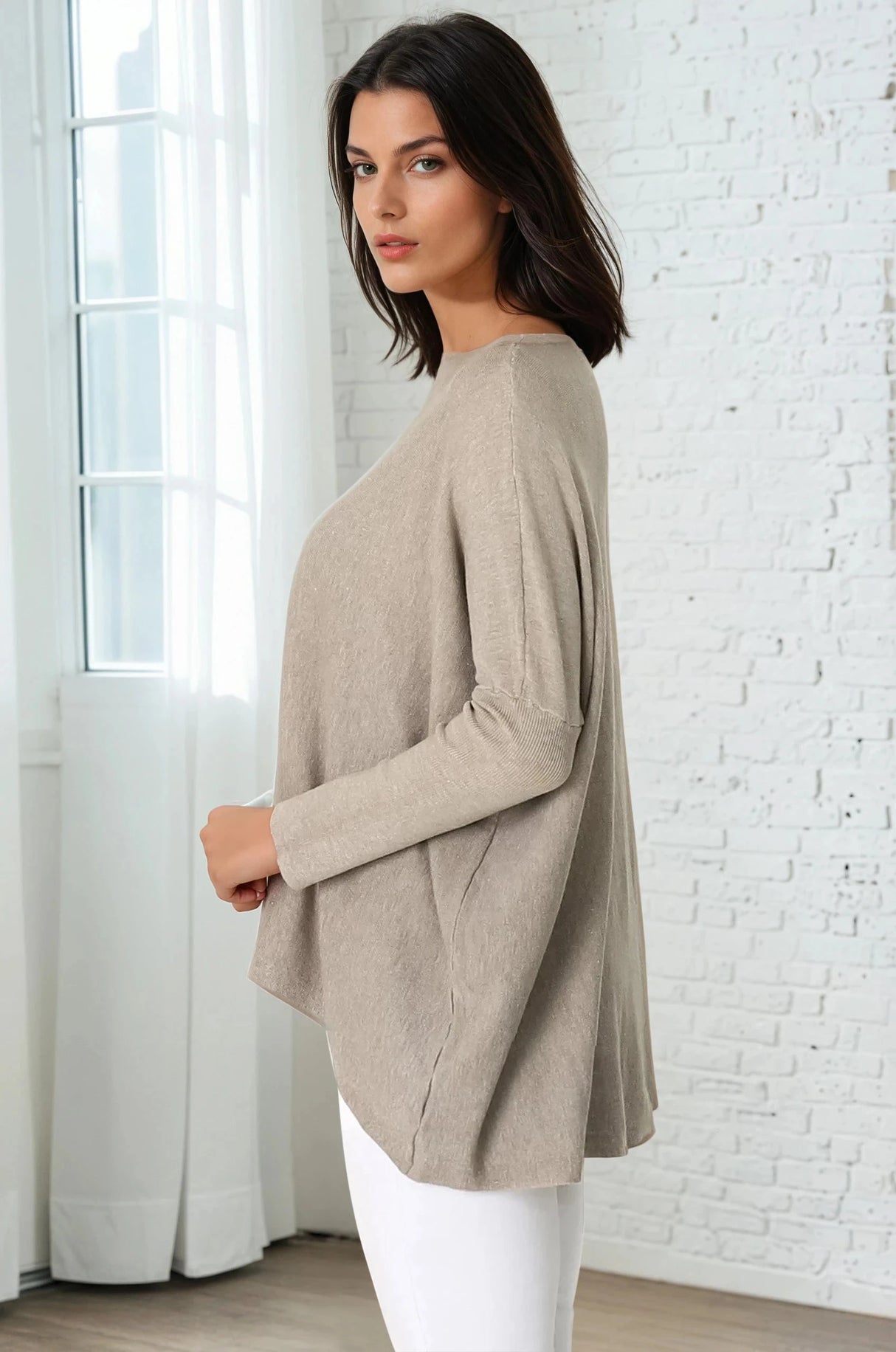 Belinda Knit Top - Boat Neckline Boxy Batwing Top in Beige