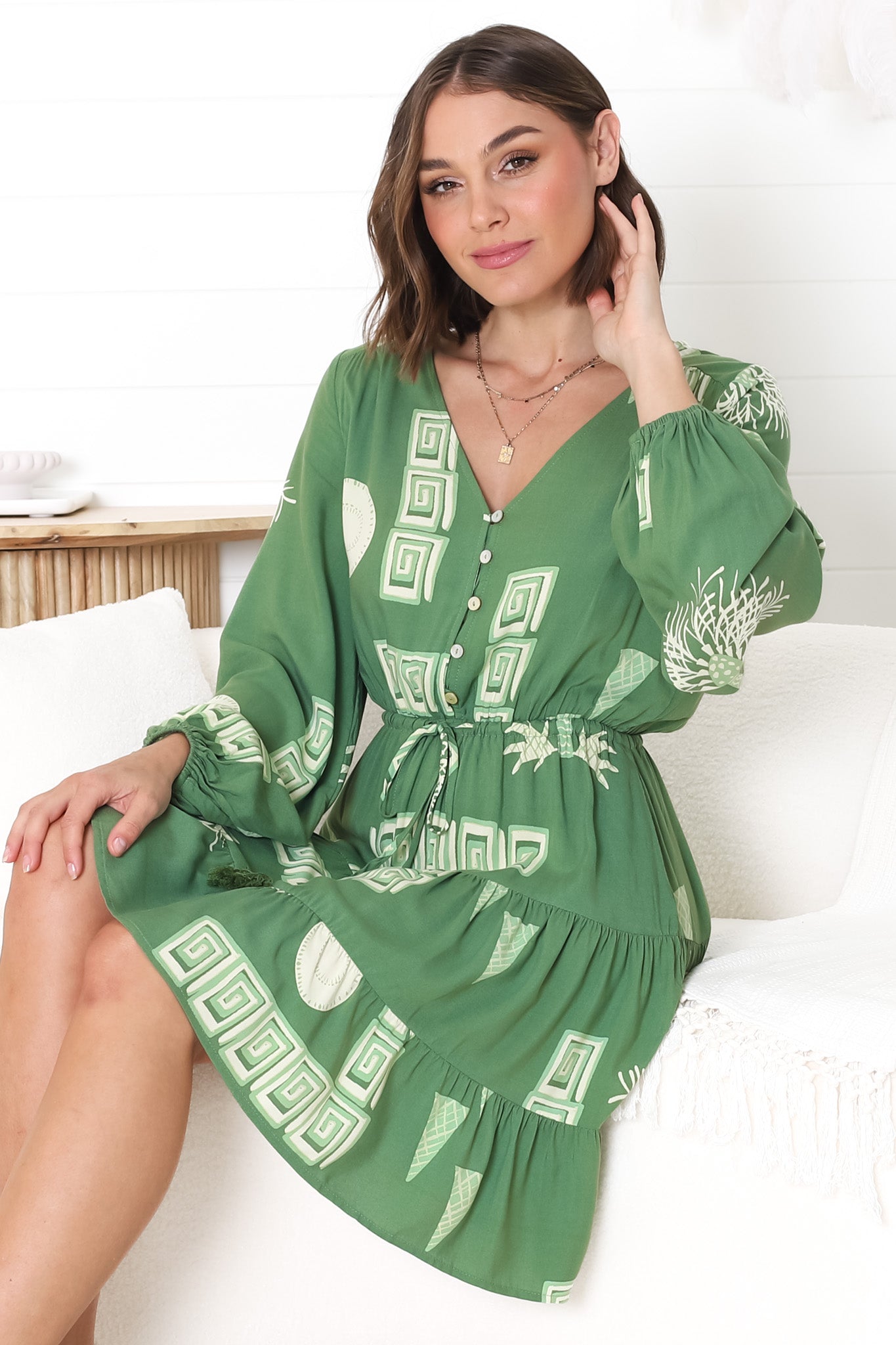 Alicia Mini Dress - A Line Tiered Dress with Pull Tie Waist in Maree Print Green