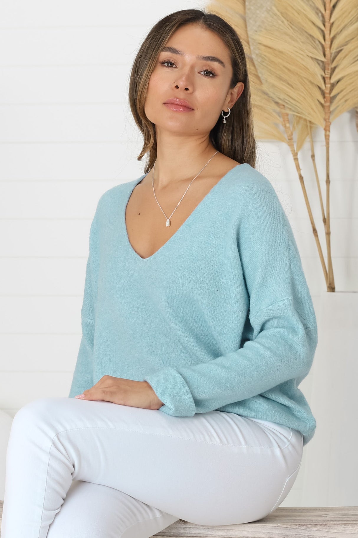 Carol Knit Top - Soft V Neck Batwing Sleeve Knit Top in Baby Blue