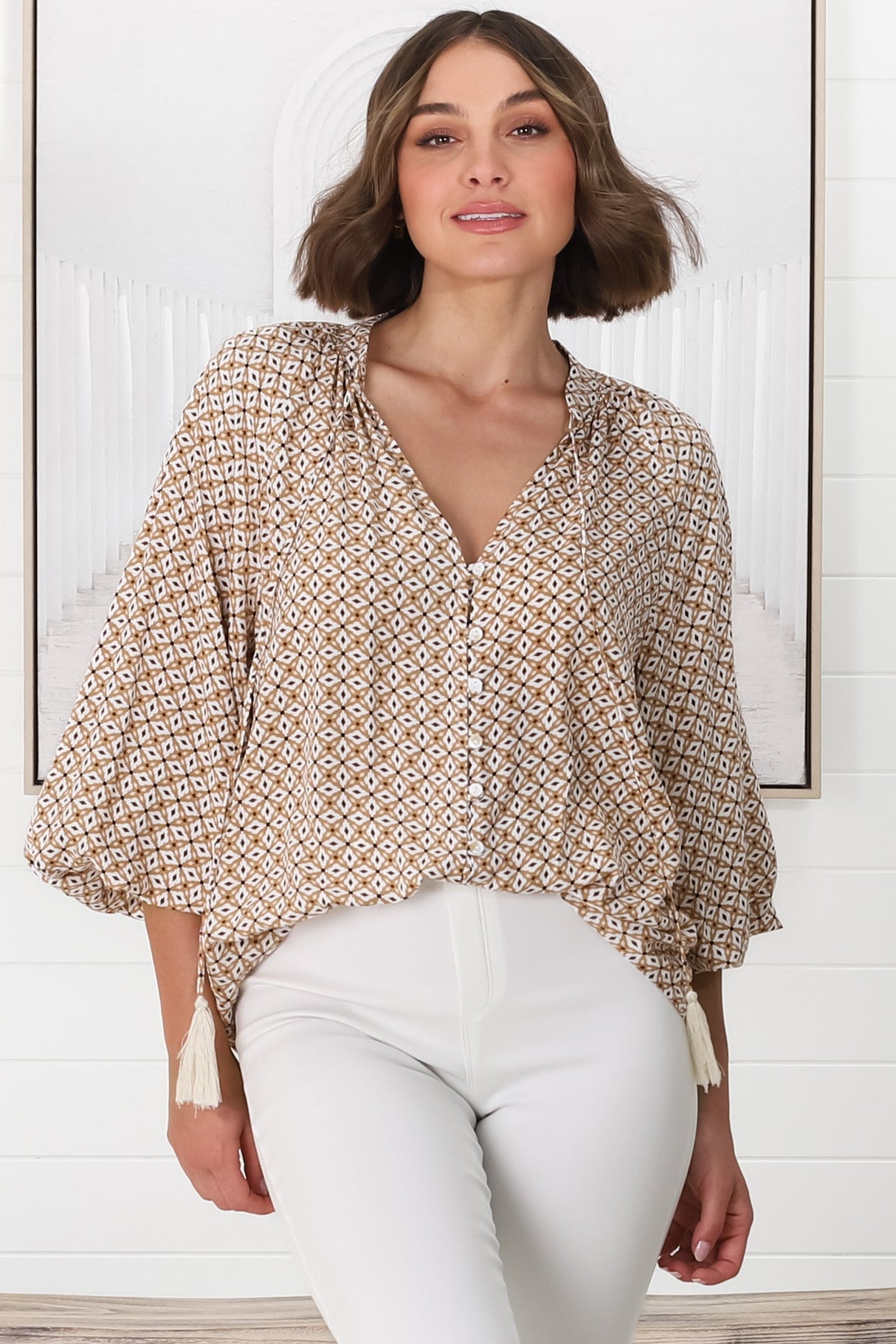 Sallie Blouse - V-Neckline Button Down Blouse in Retro Print