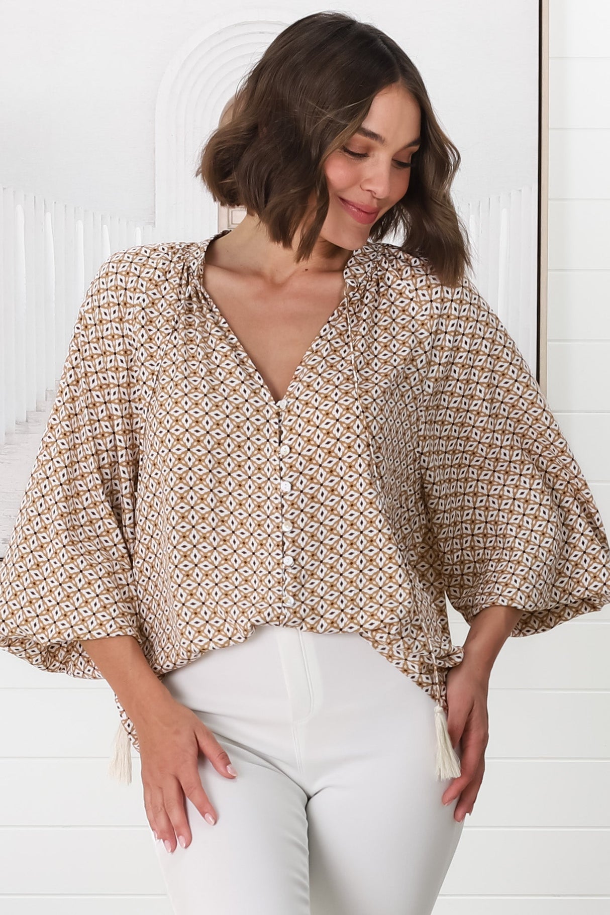 Sallie Blouse - V-Neckline Button Down Blouse in Retro Print