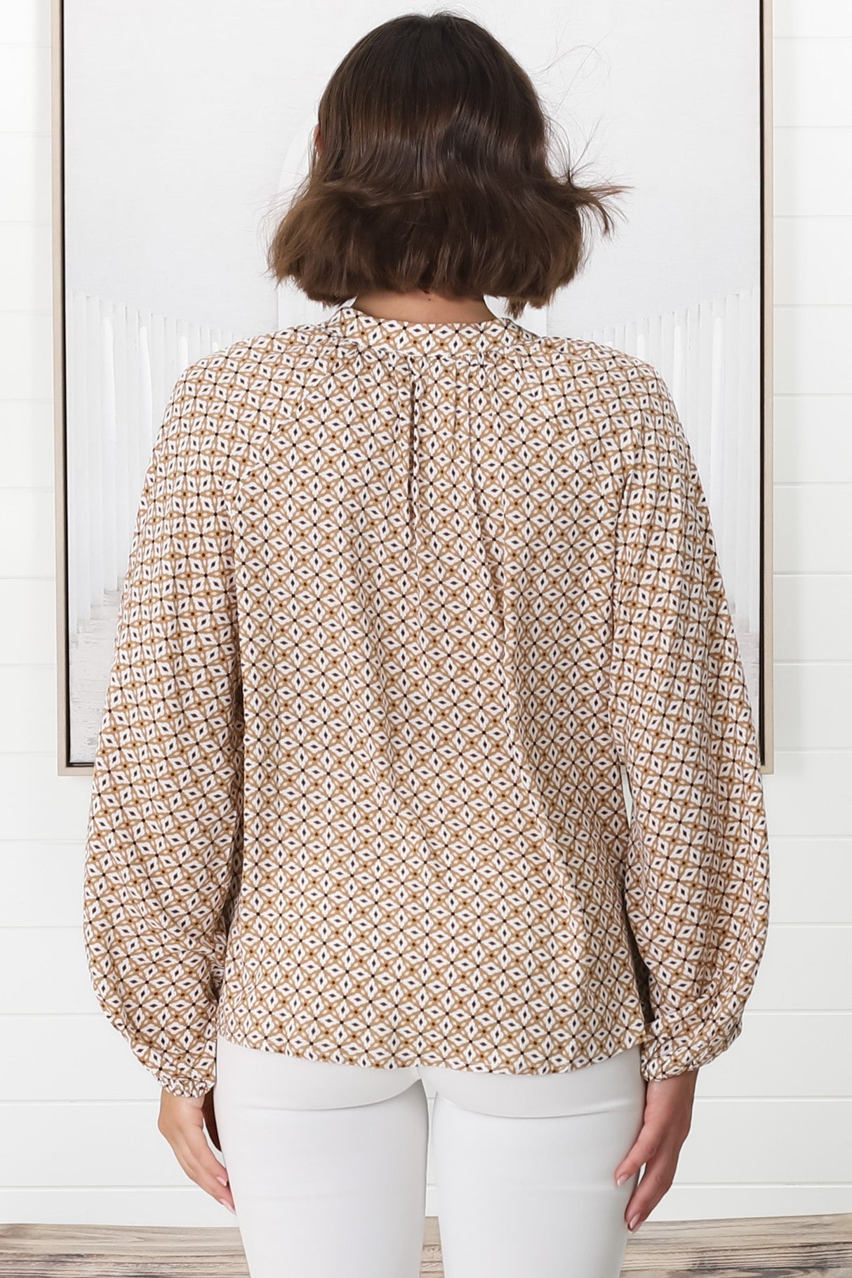 Sallie Blouse - V-Neckline Button Down Blouse in Retro Print