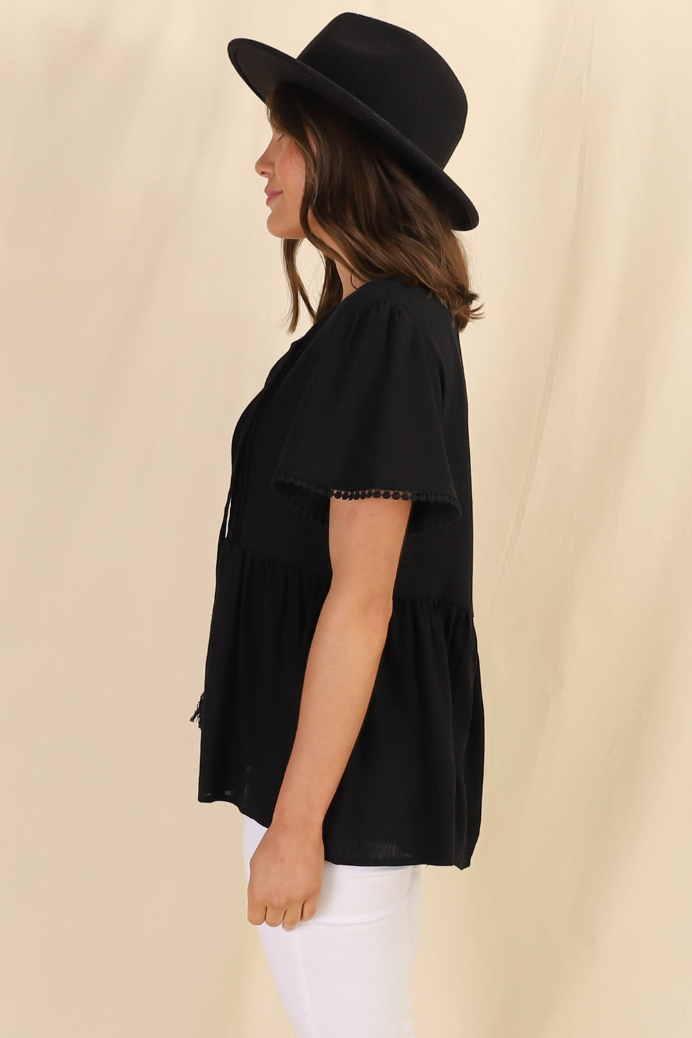 Mallory Top - Pleated Bodice Crochet Trim Cap Sleeve Smock Top in Black