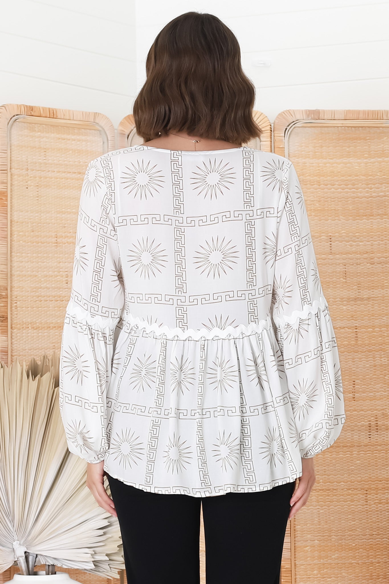 Hills Blouse - Buttoned Bodice Rick Rack Detail Smock Blouse in Astra Print White