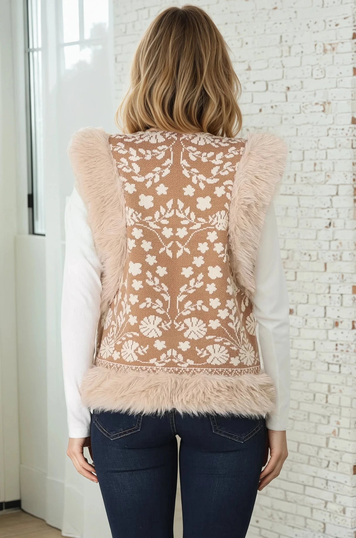 Wolfe Knit Vest - Faux Fur Trim Open Vest in Camel
