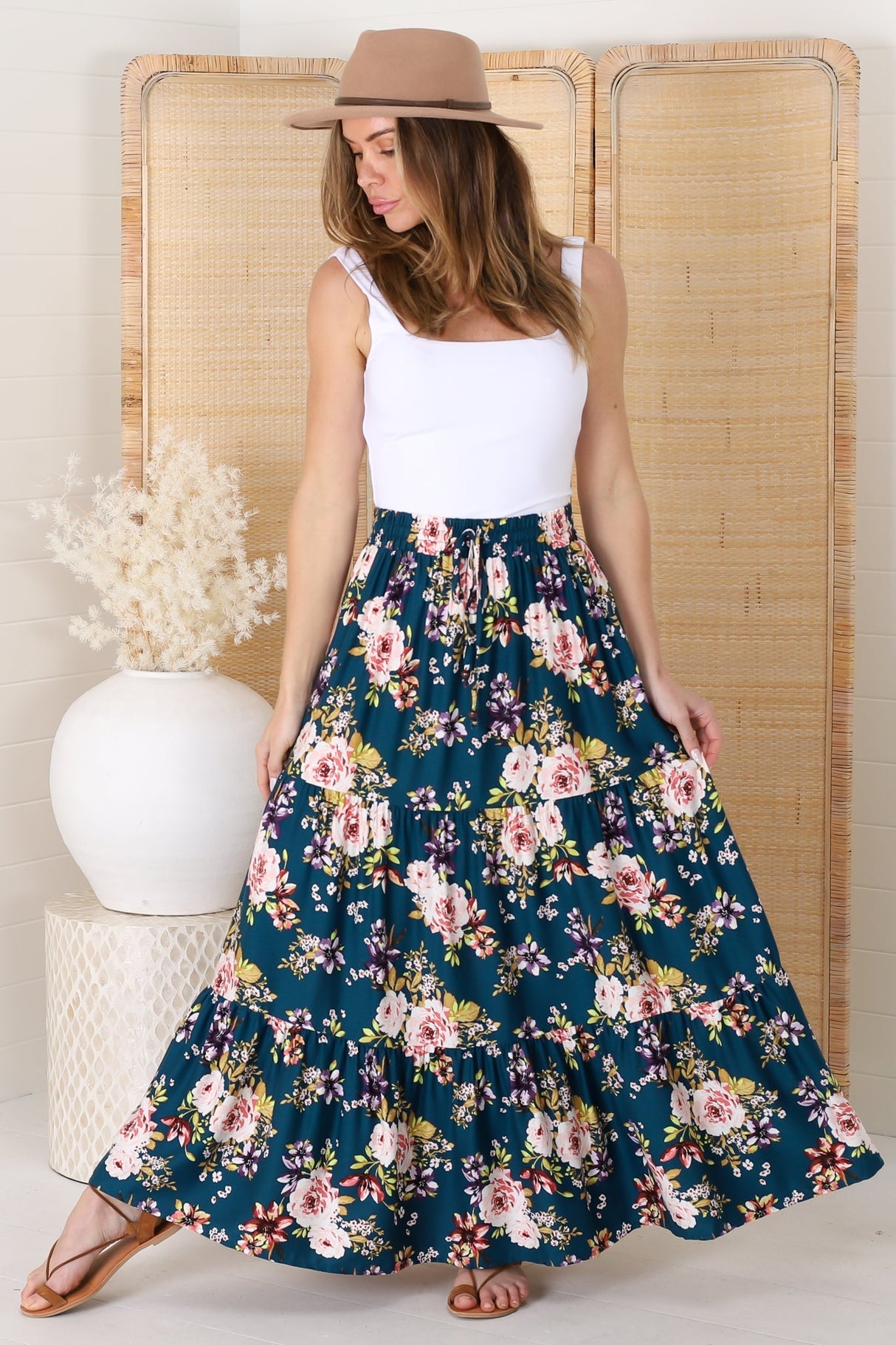 Lucien Maxi Skirt - High Waisted Tiered Skirt in Virginia Print Navy