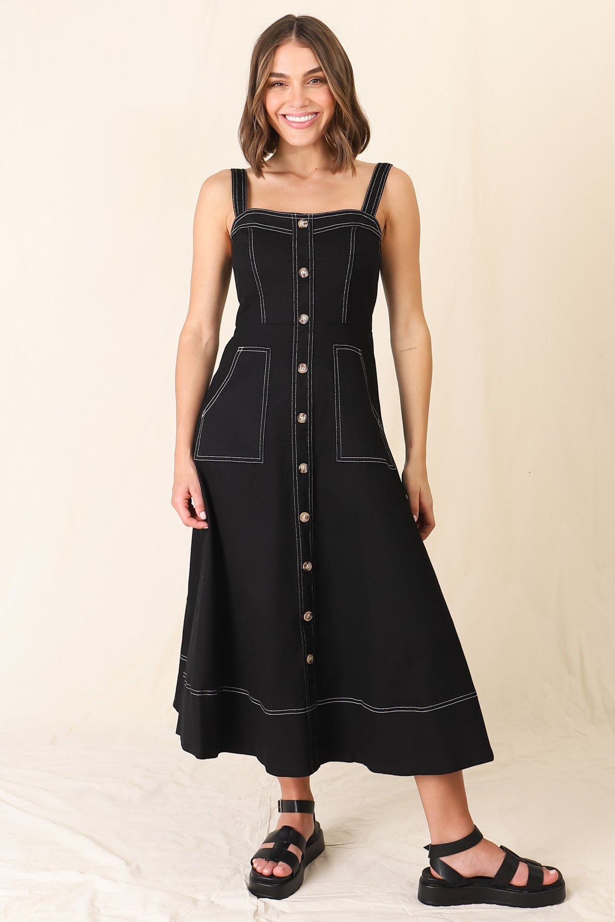 Sylvia Denim Midi Dress - Sweetheart Neckline Adjustable Strap A Line Denim Dress in Black