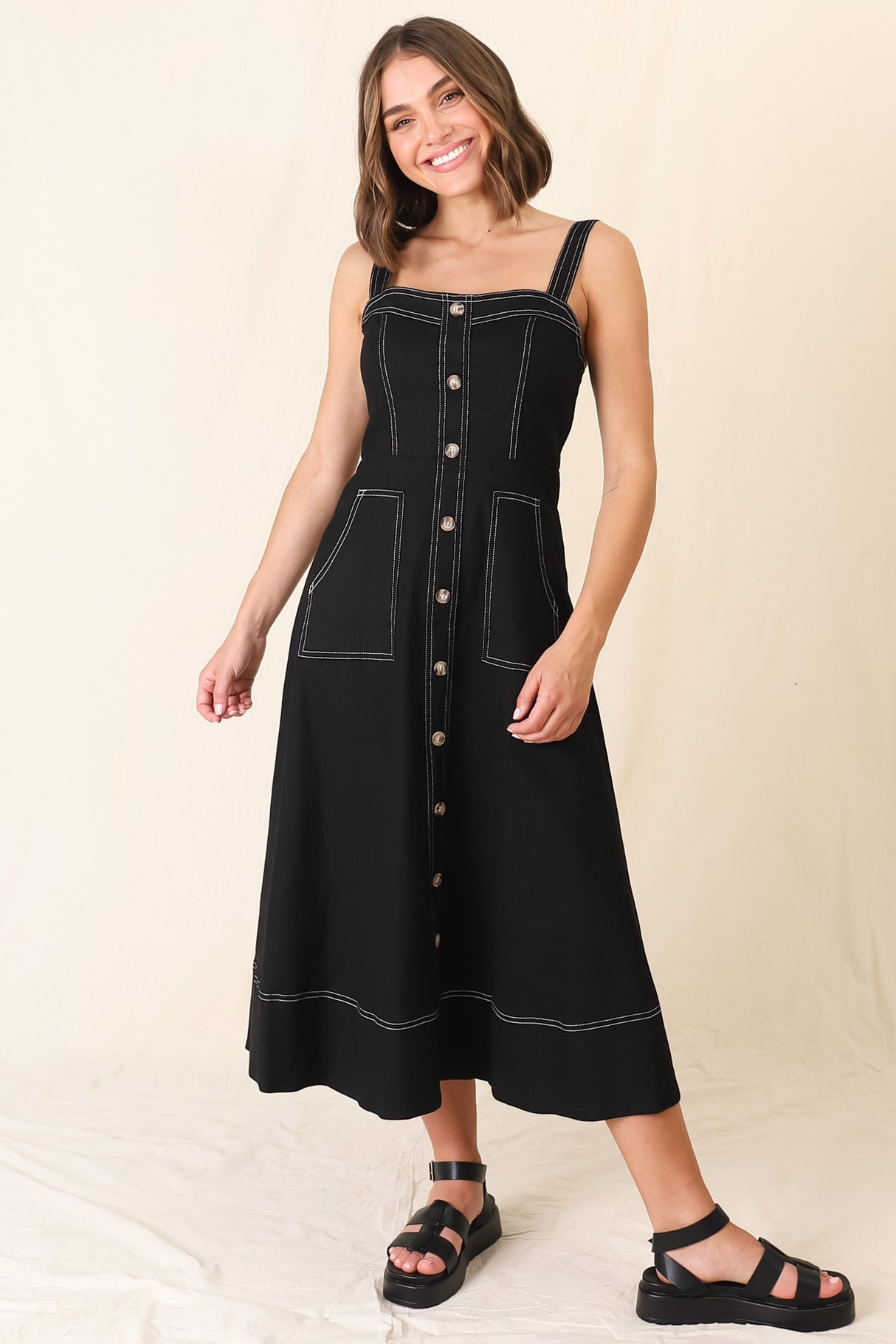 Sylvia Denim Midi Dress - Sweetheart Neckline Adjustable Strap A Line Denim Dress in Black