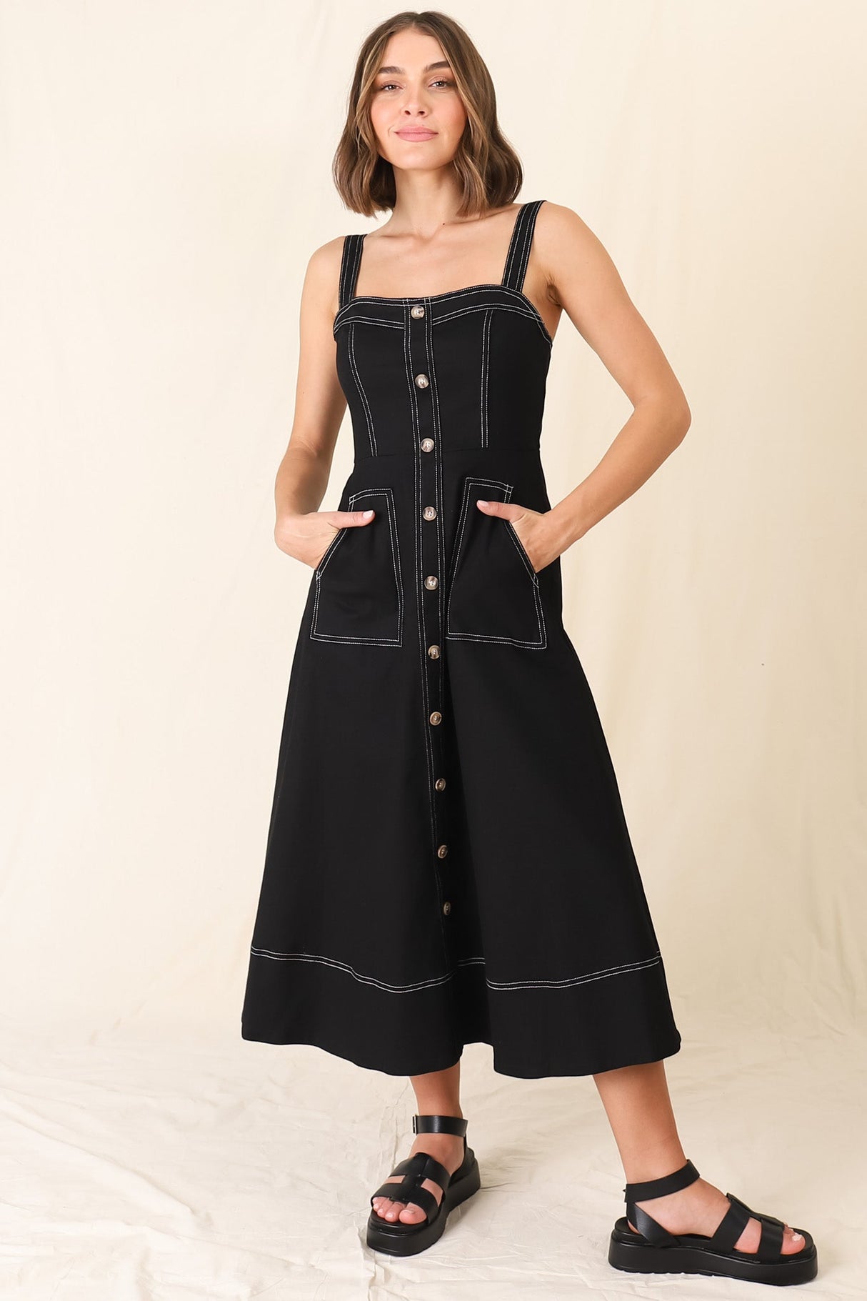 Sylvia Denim Midi Dress - Sweetheart Neckline Adjustable Strap A Line Denim Dress in Black