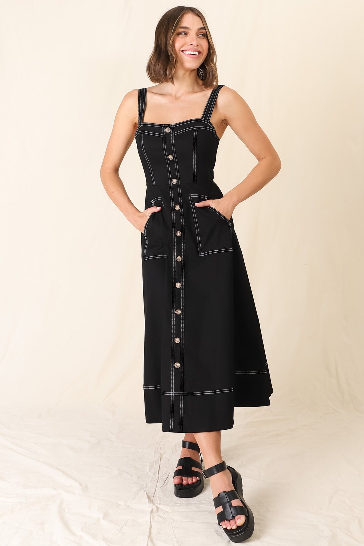 Sylvia Denim Midi Dress - Sweetheart Neckline Adjustable Strap A Line Denim Dress in Black