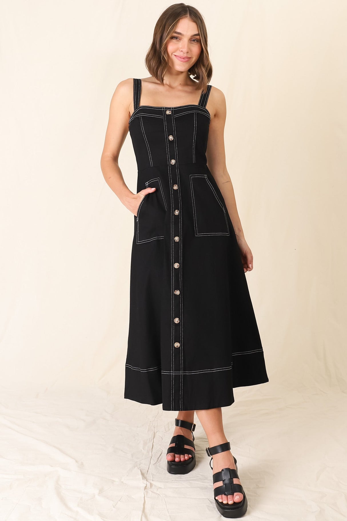 Sylvia Denim Midi Dress - Sweetheart Neckline Adjustable Strap A Line Denim Dress in Black