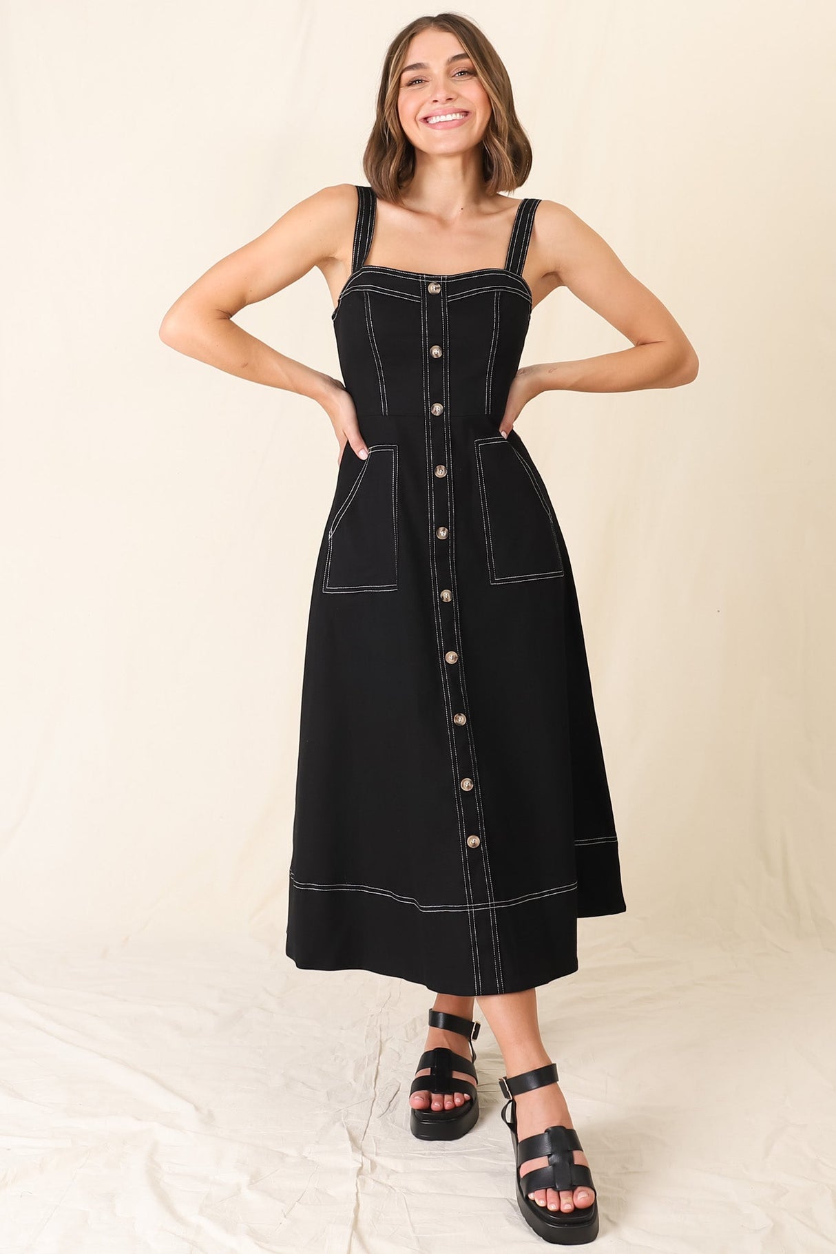 Sylvia Denim Midi Dress - Sweetheart Neckline Adjustable Strap A Line Denim Dress in Black