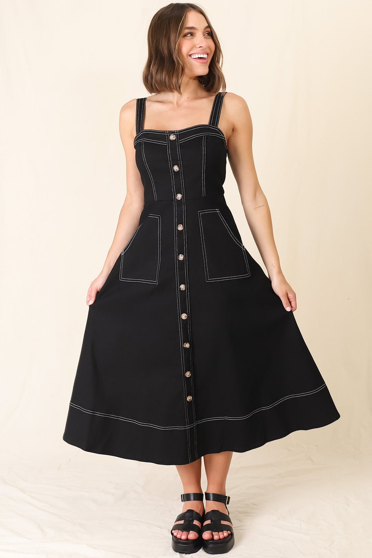 Sylvia Denim Midi Dress - Sweetheart Neckline Adjustable Strap A Line Denim Dress in Black