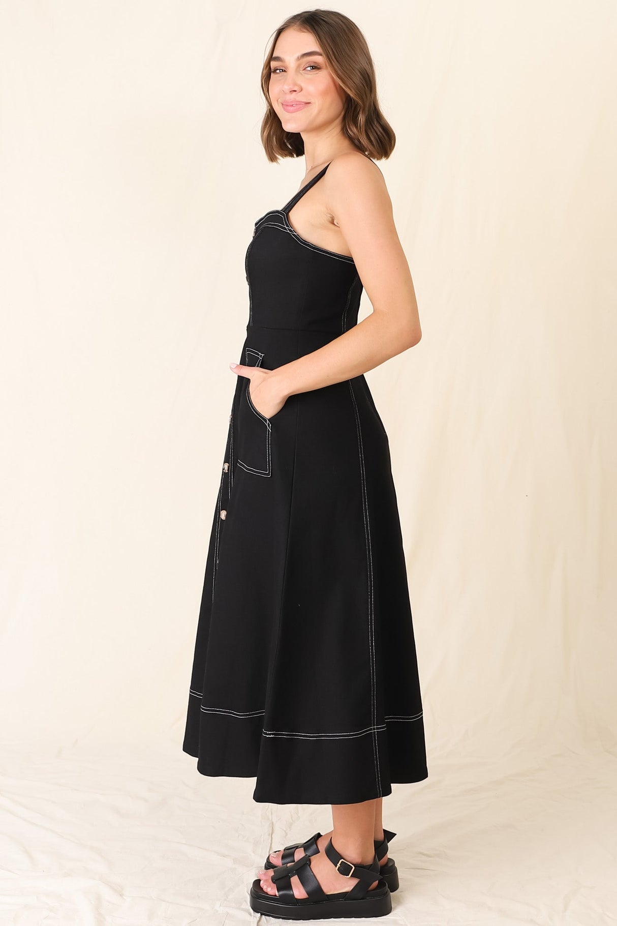 Sylvia Denim Midi Dress - Sweetheart Neckline Adjustable Strap A Line Denim Dress in Black