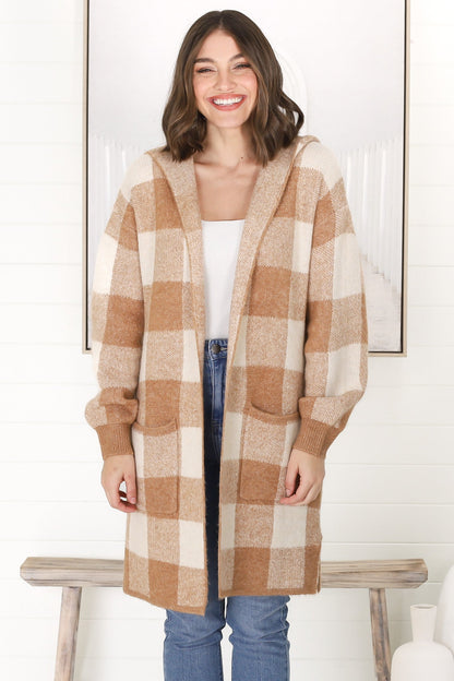 Nowel Cardigan - Hooded Checkered Cardigan with Pockets in Caramel