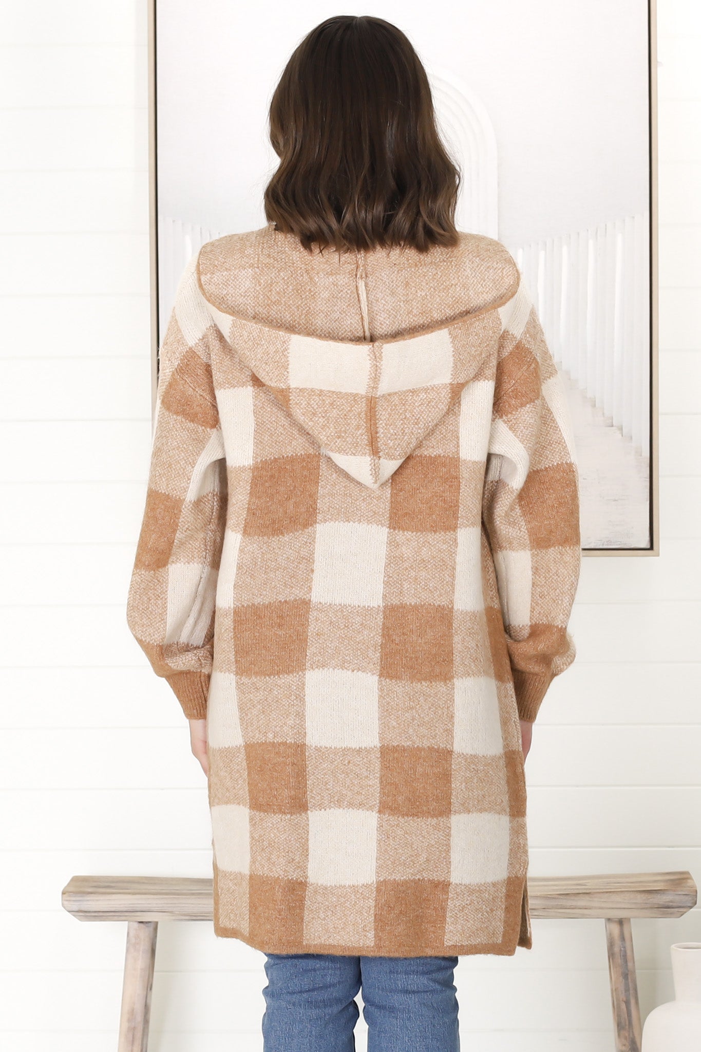 Nowel Cardigan - Hooded Checkered Cardigan with Pockets in Caramel