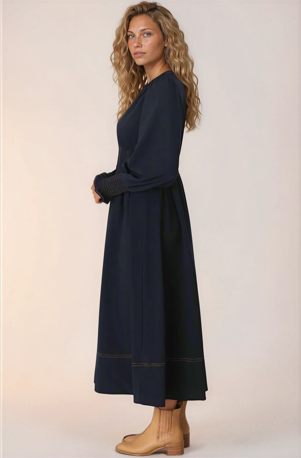 Karey Midi Dress - Dark Denim Fit and Flare Contrast Stitching Midi Dress