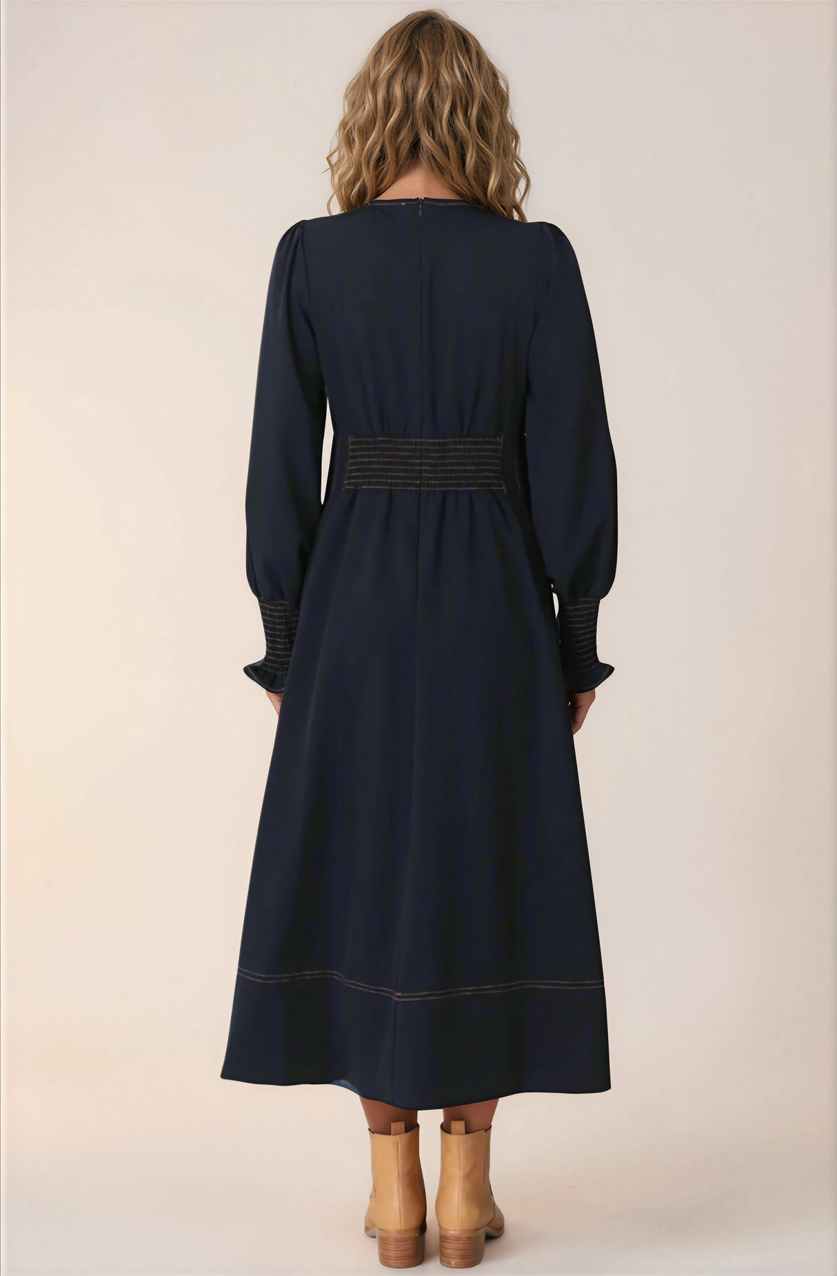 Karey Midi Dress - Dark Denim Fit and Flare Contrast Stitching Midi Dress