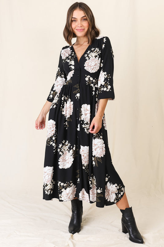 Yianna Midi Dress - V Neck A Line Dress with Long Balloon Sleeves in Leyla Print
