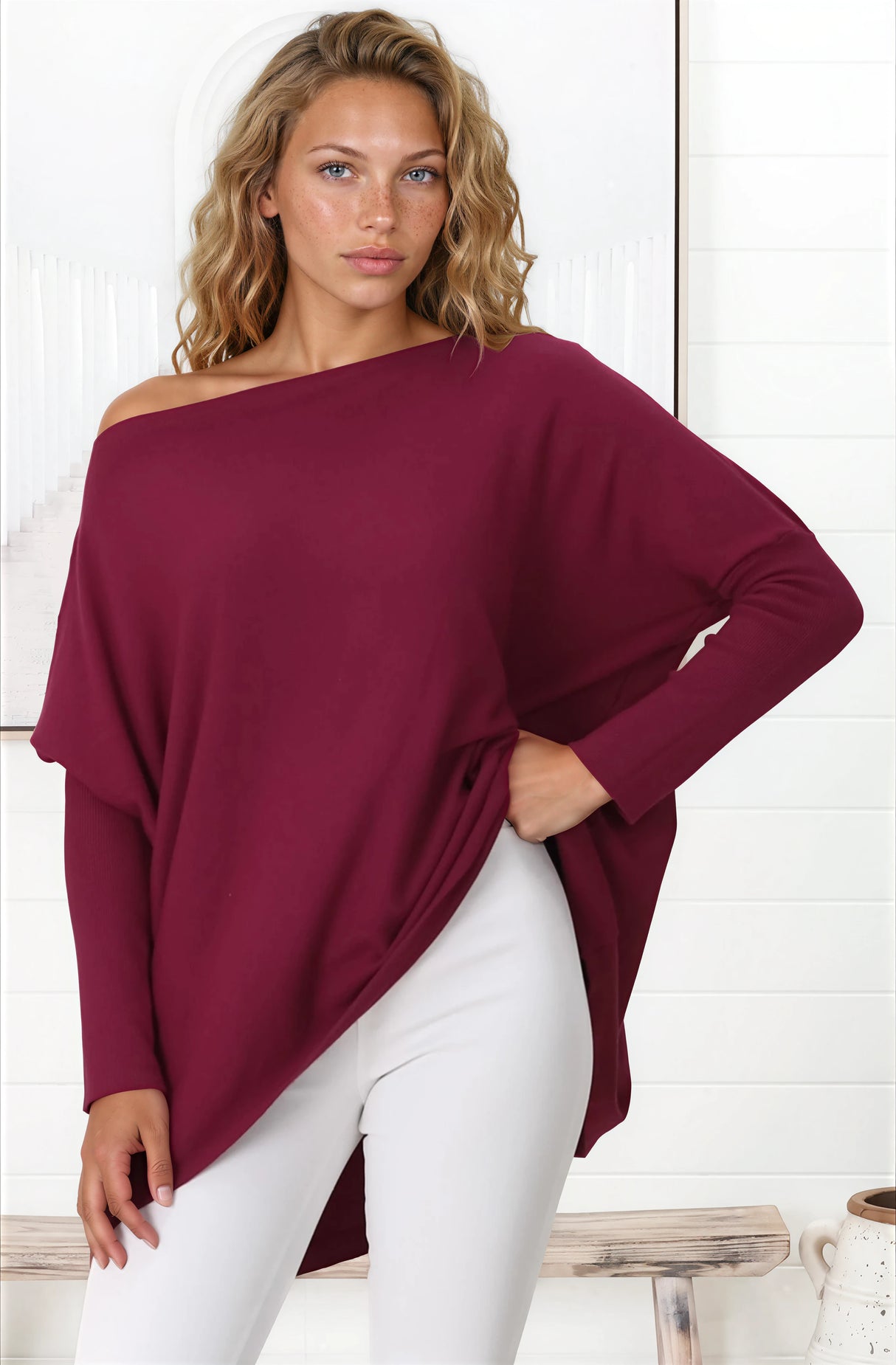 Belinda Knit Top - Boat Neckline Boxy Batwing Top in Burgundy