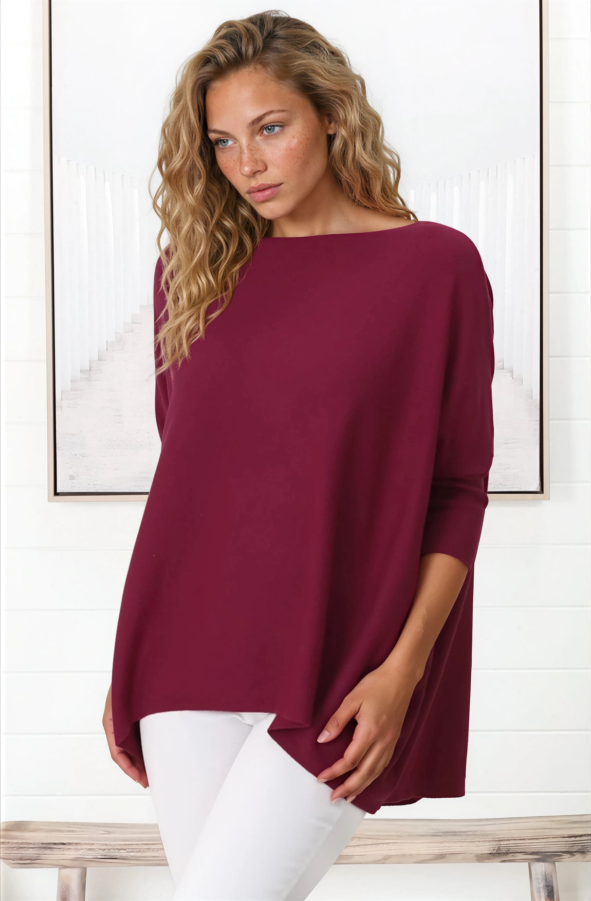 Belinda Knit Top - Boat Neckline Boxy Batwing Top in Burgundy