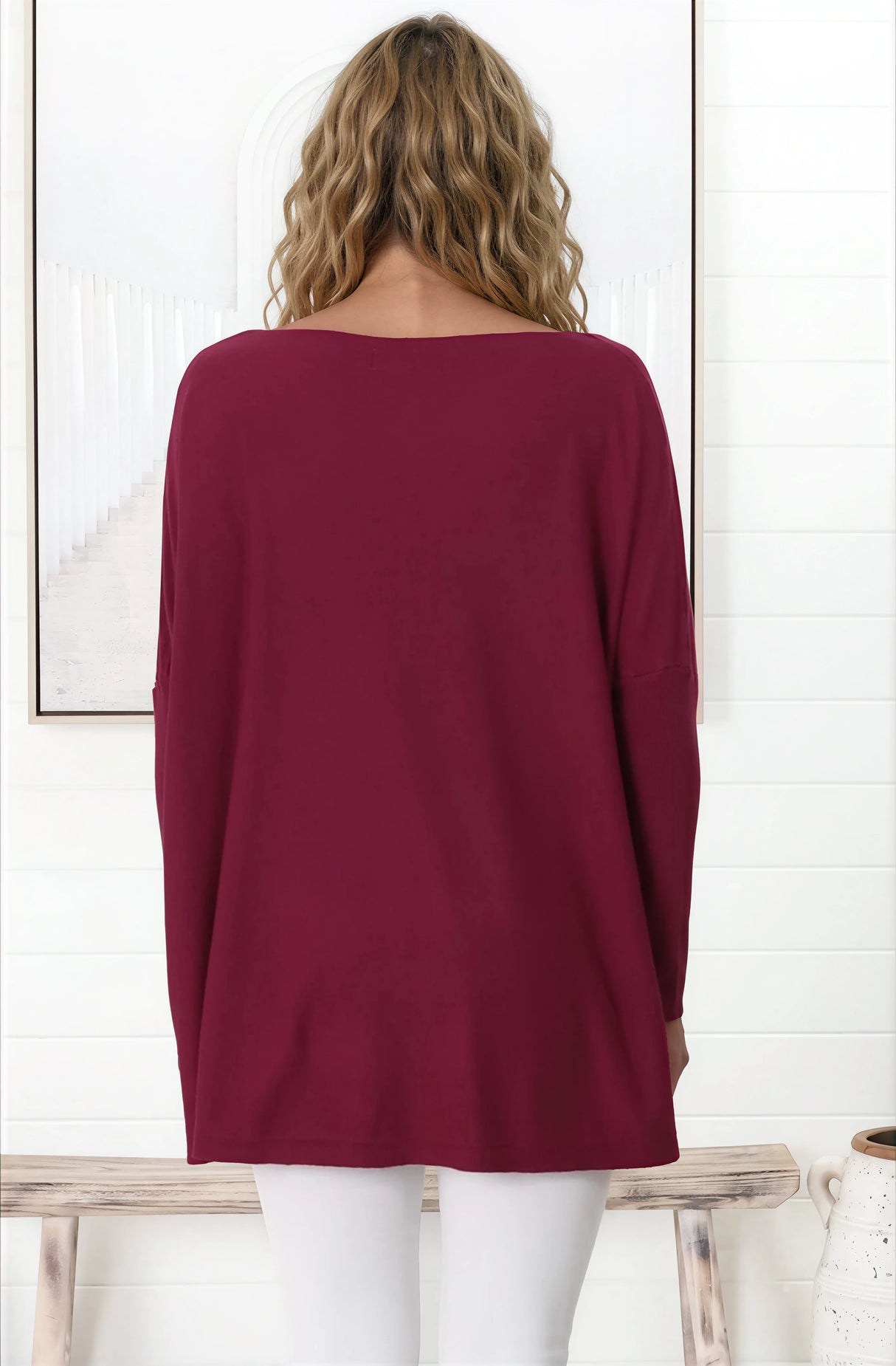 Belinda Knit Top - Boat Neckline Boxy Batwing Top in Burgundy