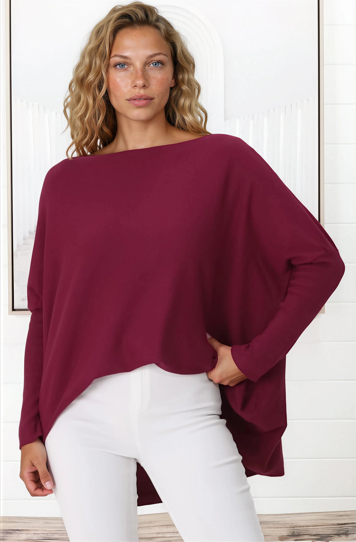 Belinda Knit Top - Boat Neckline Boxy Batwing Top in Burgundy