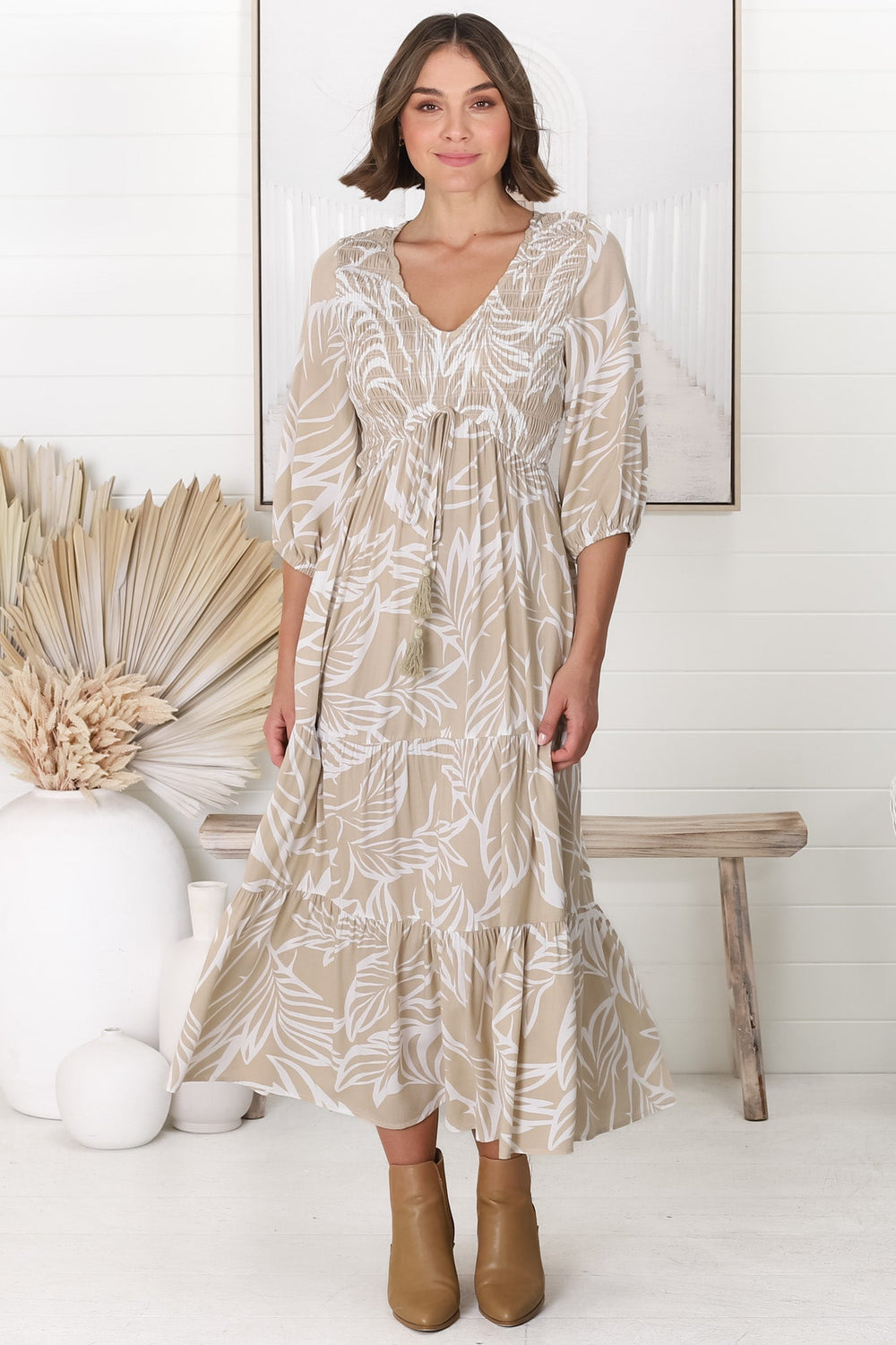 Jaden Midi Dress - Elasticated Bodice A-Line Dress in Jeani Print Beige